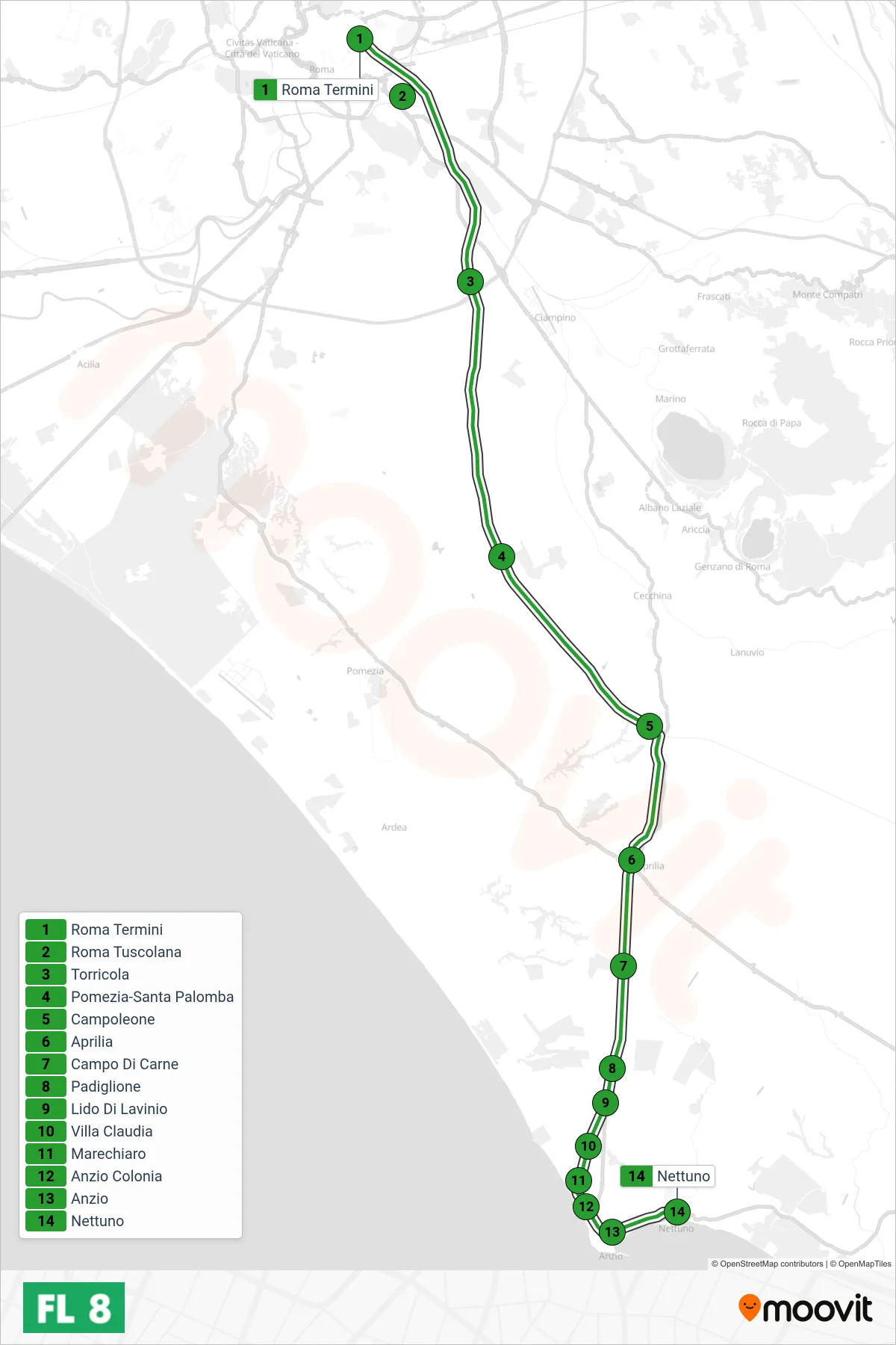 Linea FL8 treno (Nettuno) - Percorsi e fermate sulla mappa