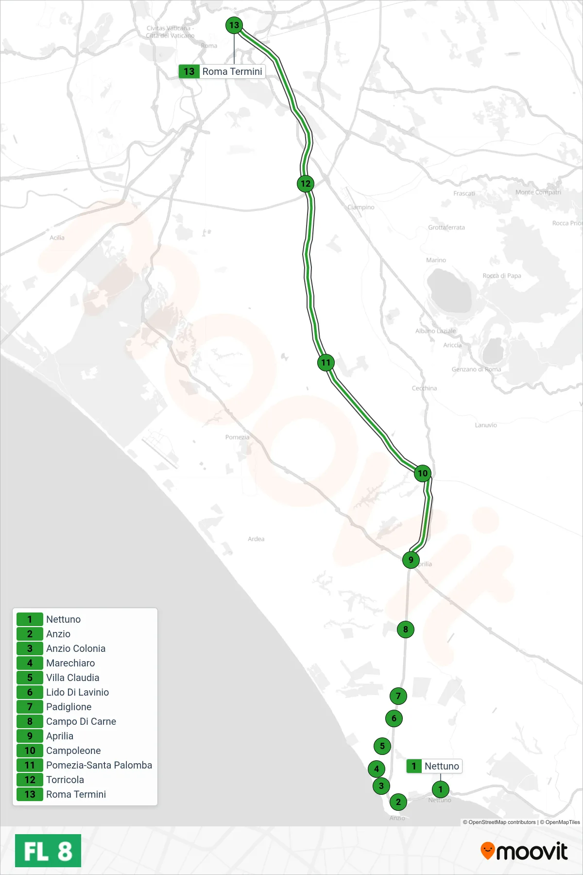 Linea FL8 treno (Roma) - Percorsi e fermate sulla mappa
