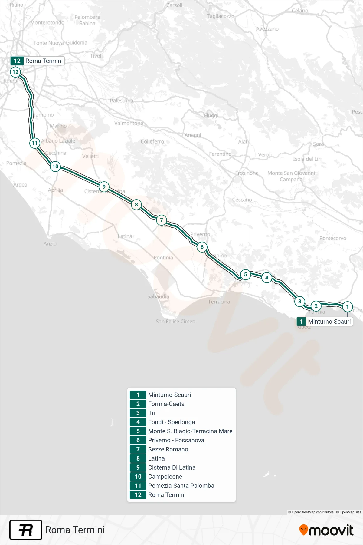 Linea R treno (Roma Termini) - Percorsi e fermate sulla mappa