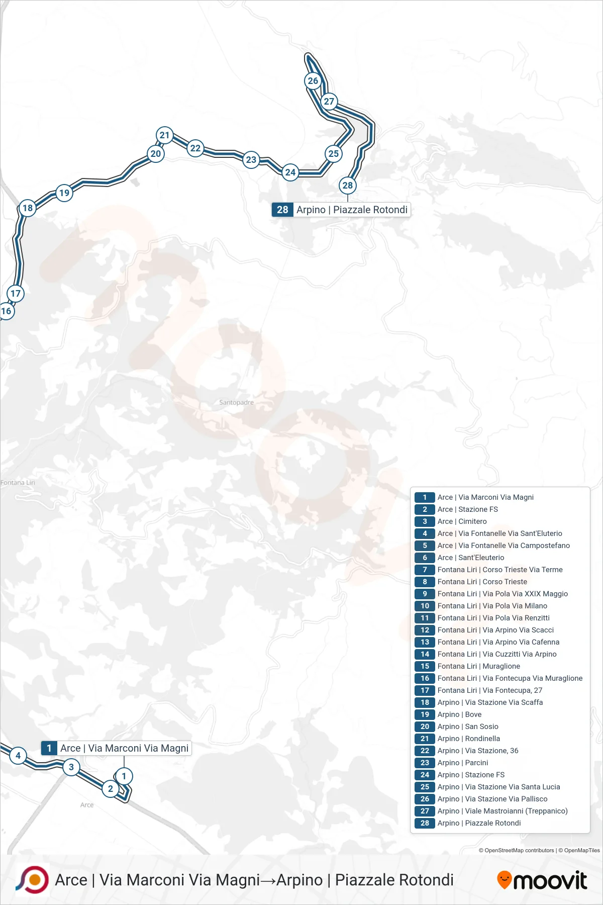 Linea COTRAL bus (Arce | Via Marconi Via Magni→Arpino | Piazzale Rotondi) - Percorsi e fermate sulla mappa