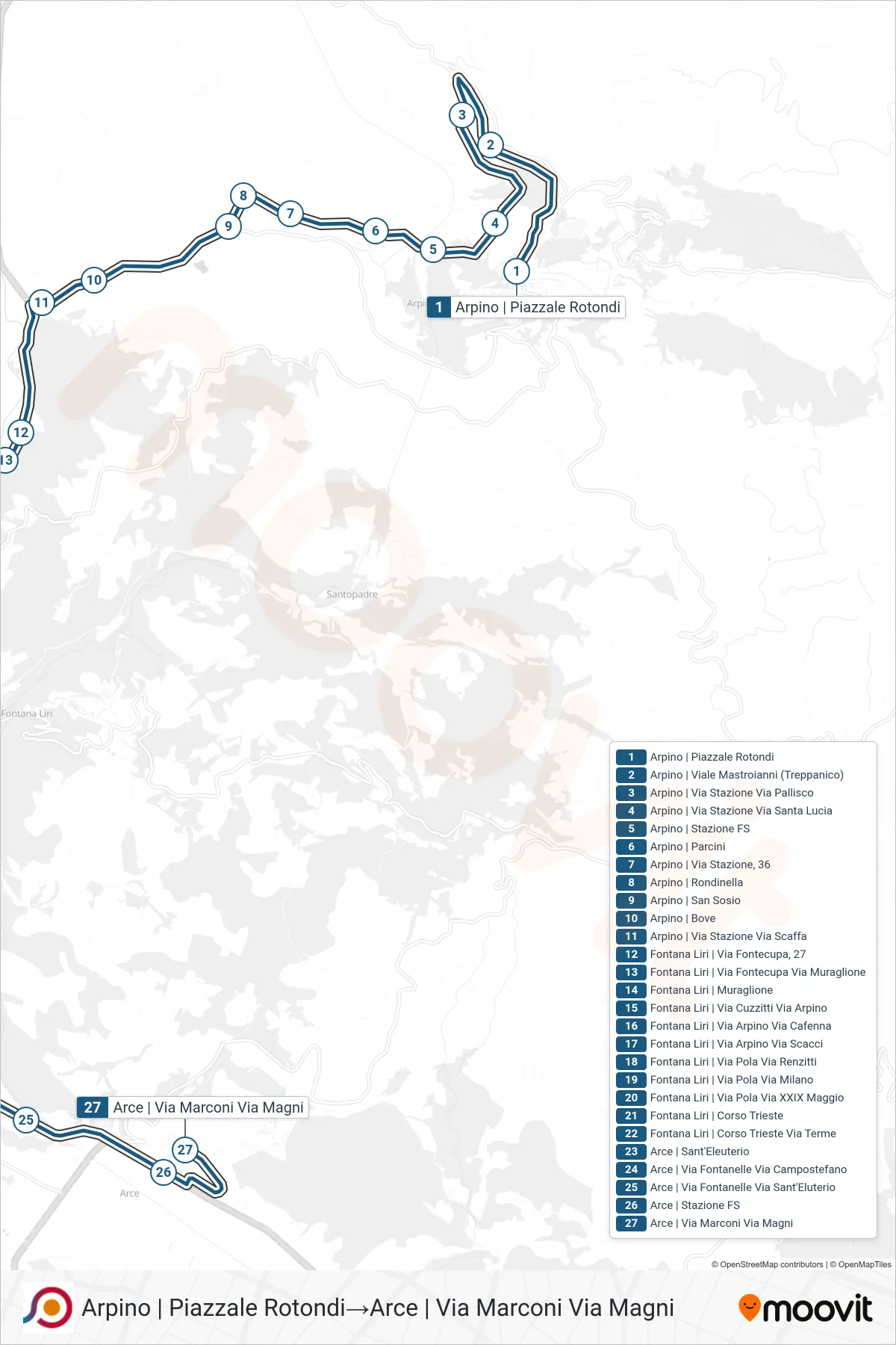 Linea COTRAL bus (Arpino | Piazzale Rotondi→Arce | Via Marconi Via Magni) - Percorsi e fermate sulla mappa