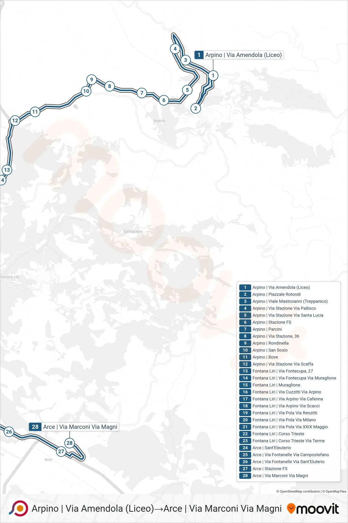 Linea COTRAL bus (Arpino | Via Amendola (Liceo)→Arce | Via Marconi Via Magni) - Percorsi e fermate sulla mappa
