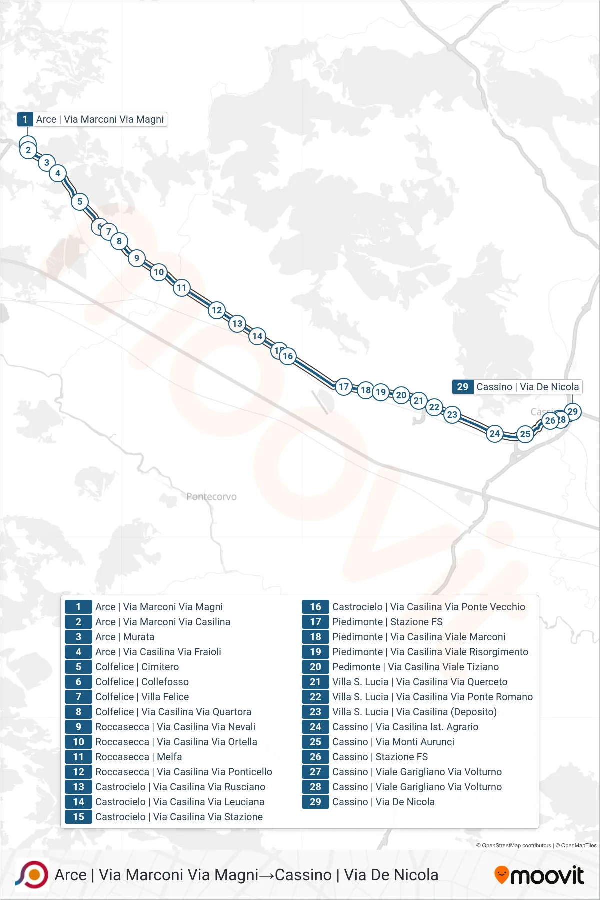 Linea COTRAL bus (Arce | Via Marconi Via Magni→Cassino | Via De Nicola) - Percorsi e fermate sulla mappa