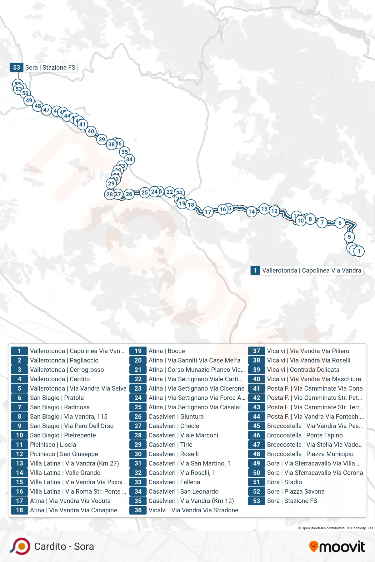 Linea COTRAL bus (Vallerotonda | Capolinea Via Vandra→Sora | Stazione FS) - Percorsi e fermate sulla mappa