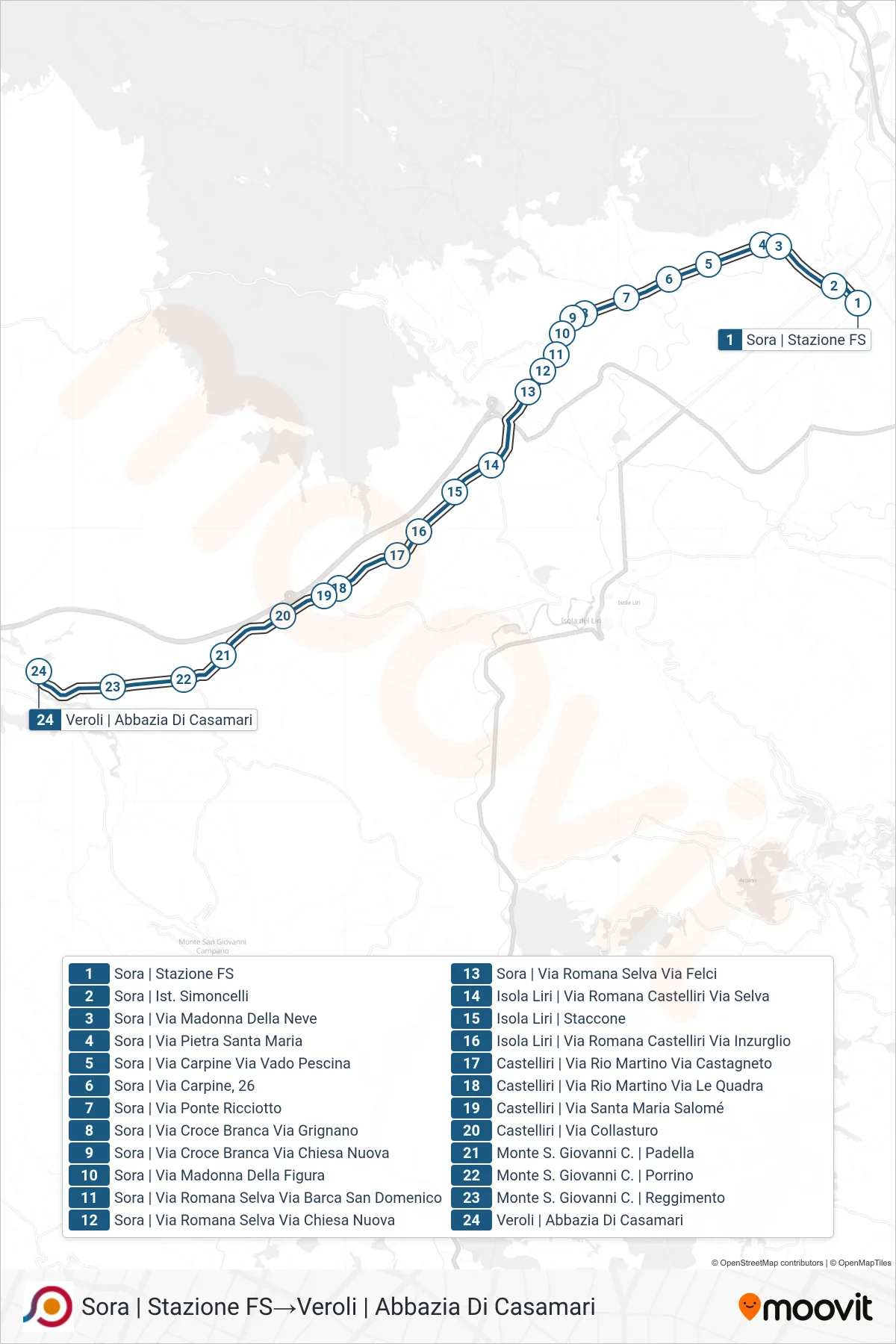 Linea COTRAL bus (Sora | Stazione FS→Veroli | Abbazia Di Casamari) - Percorsi e fermate sulla mappa