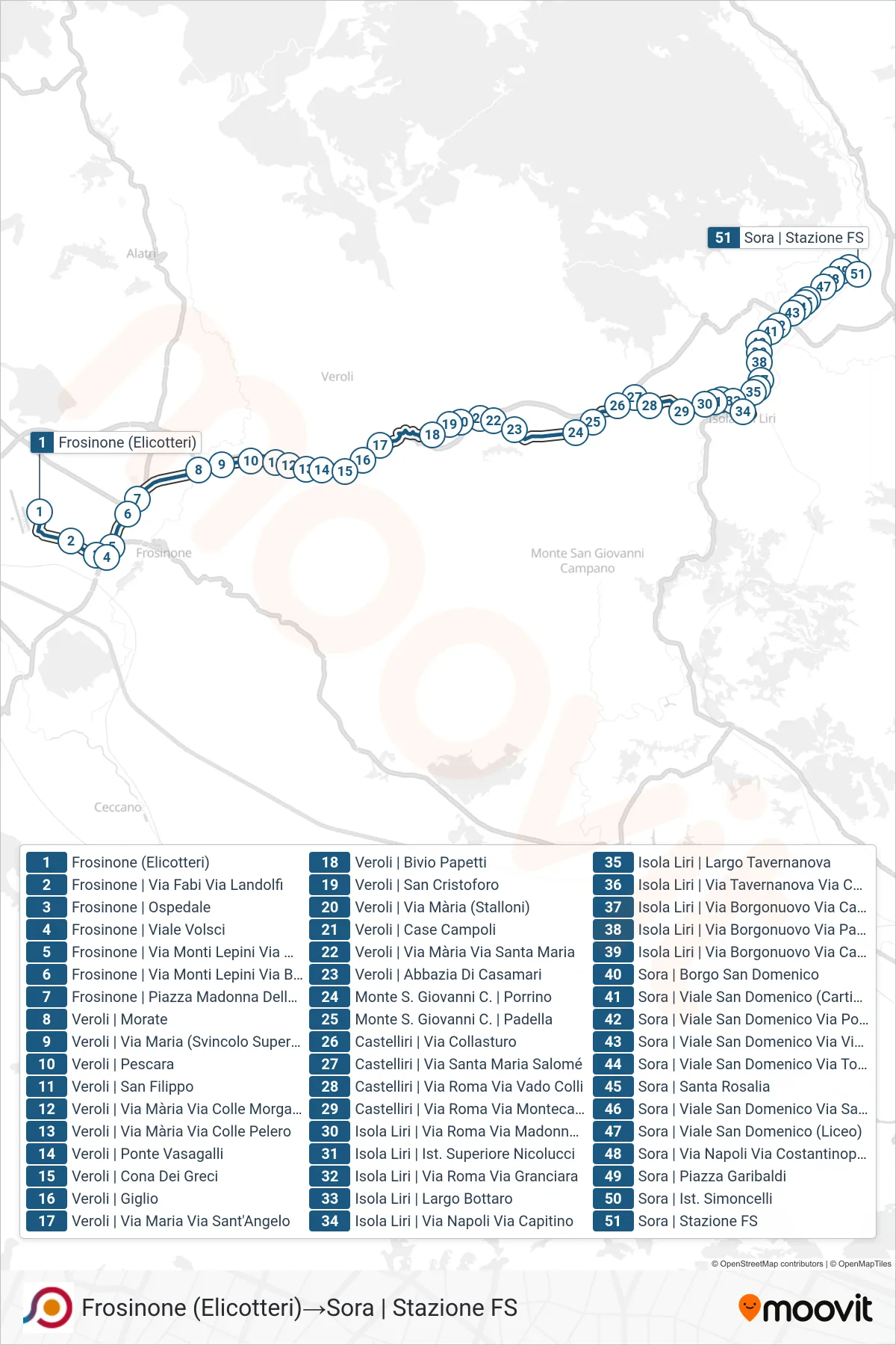 Linea COTRAL bus (Frosinone (Elicotteri)→Sora | Stazione FS) - Percorsi e fermate sulla mappa