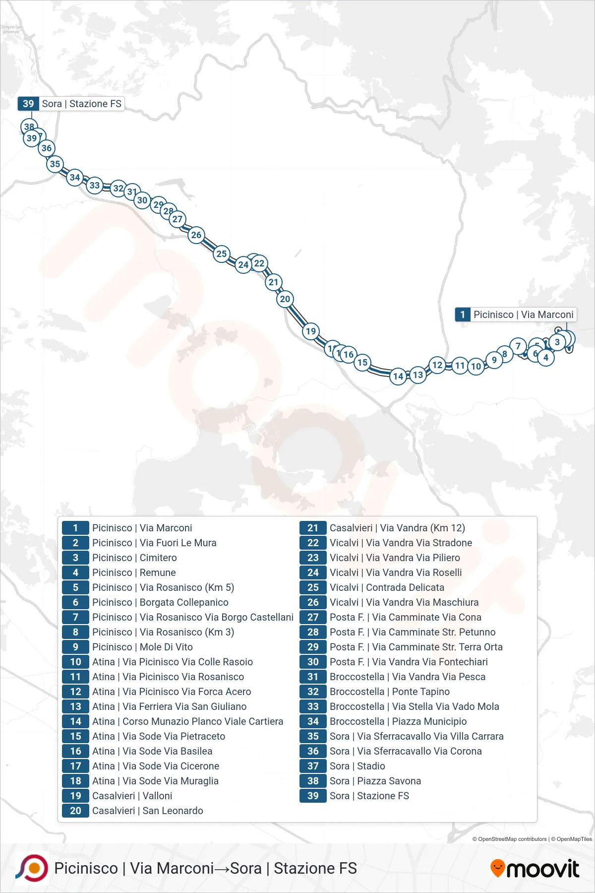 Linea COTRAL bus (Picinisco | Via Marconi→Sora | Stazione FS) - Percorsi e fermate sulla mappa