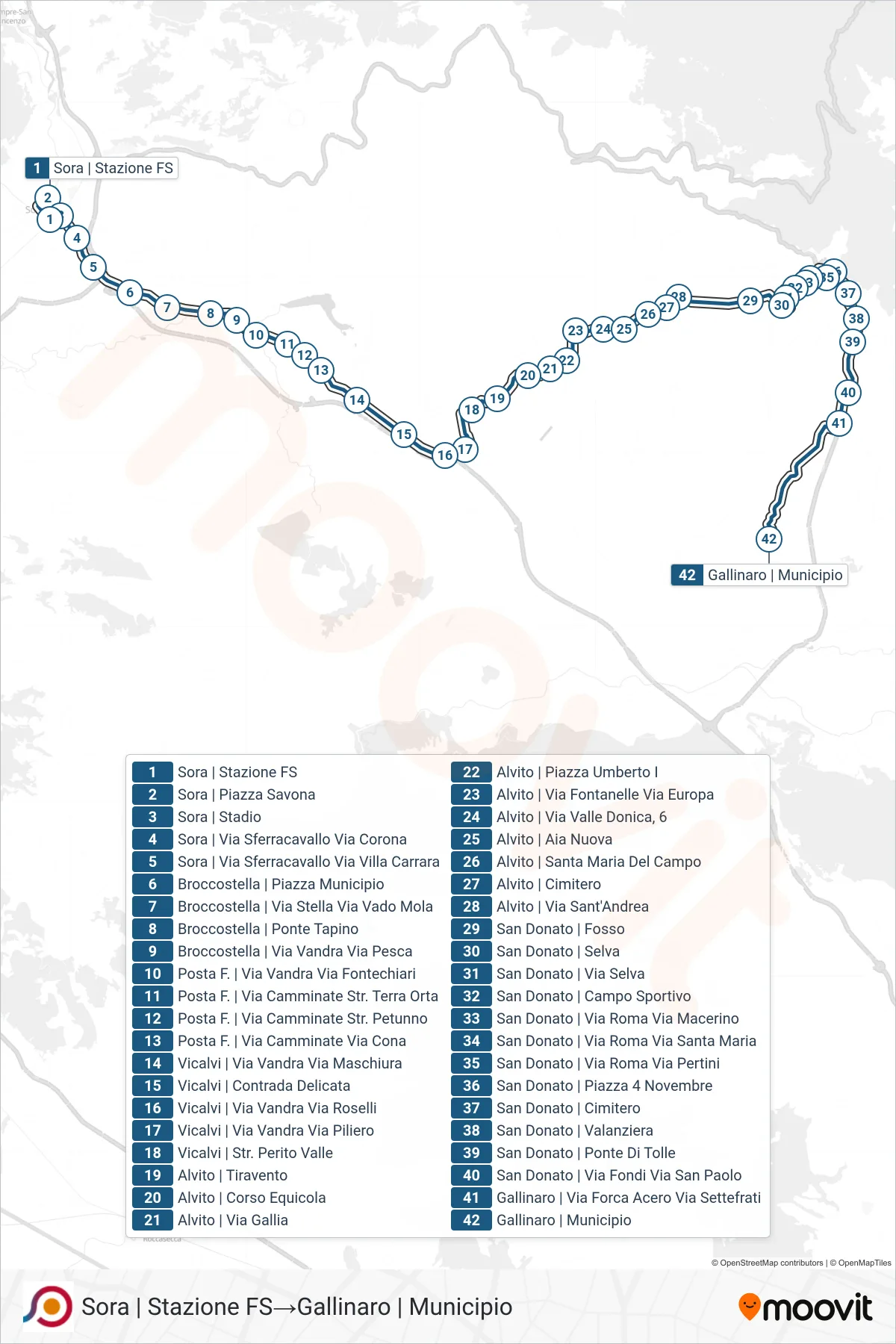 Linea COTRAL bus (Sora | Stazione FS→Gallinaro | Municipio) - Percorsi e fermate sulla mappa
