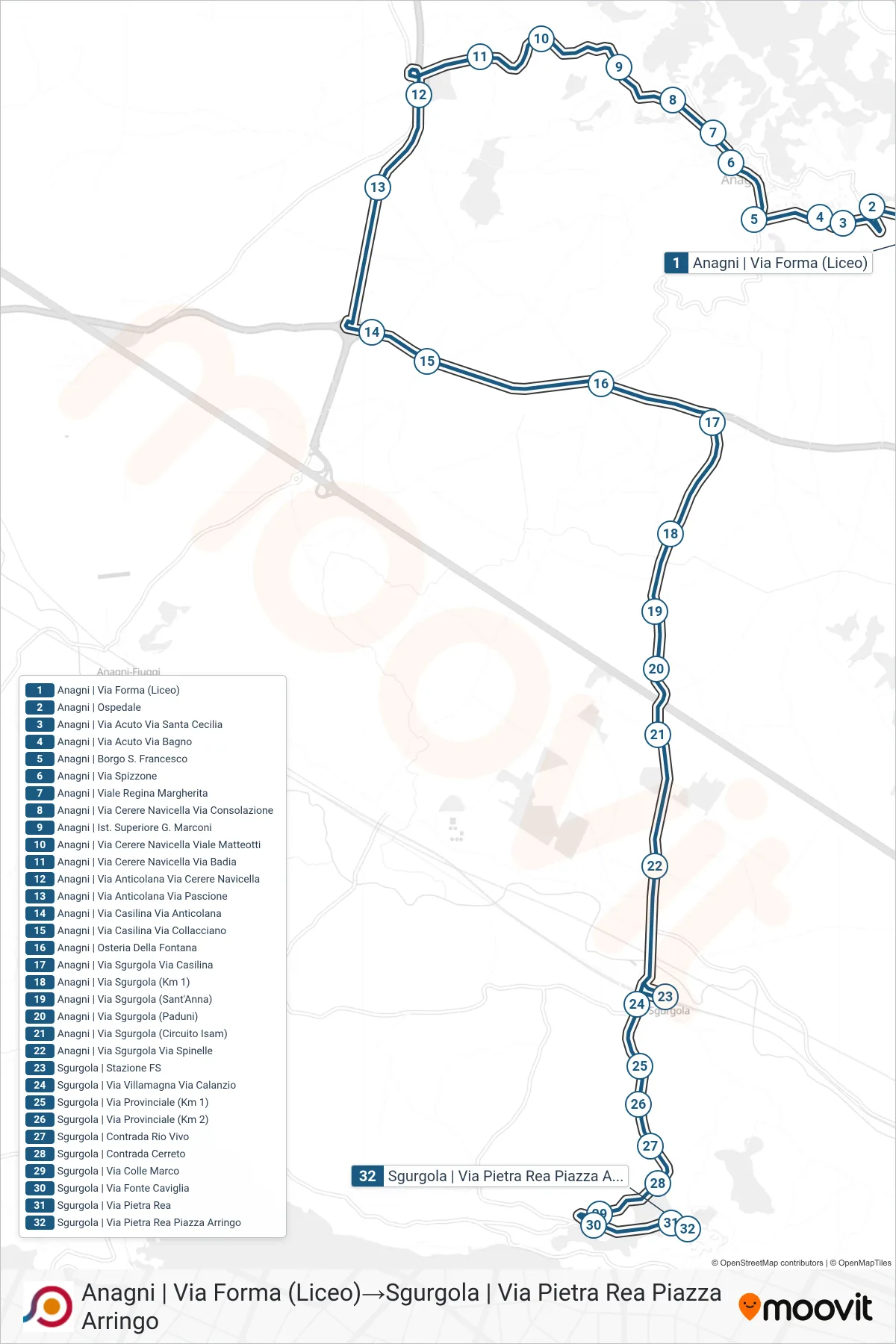 Linea COTRAL bus (Anagni | Via Forma (Liceo)→Sgurgola | Via Pietra Rea Piazza Arringo) - Percorsi e fermate sulla mappa