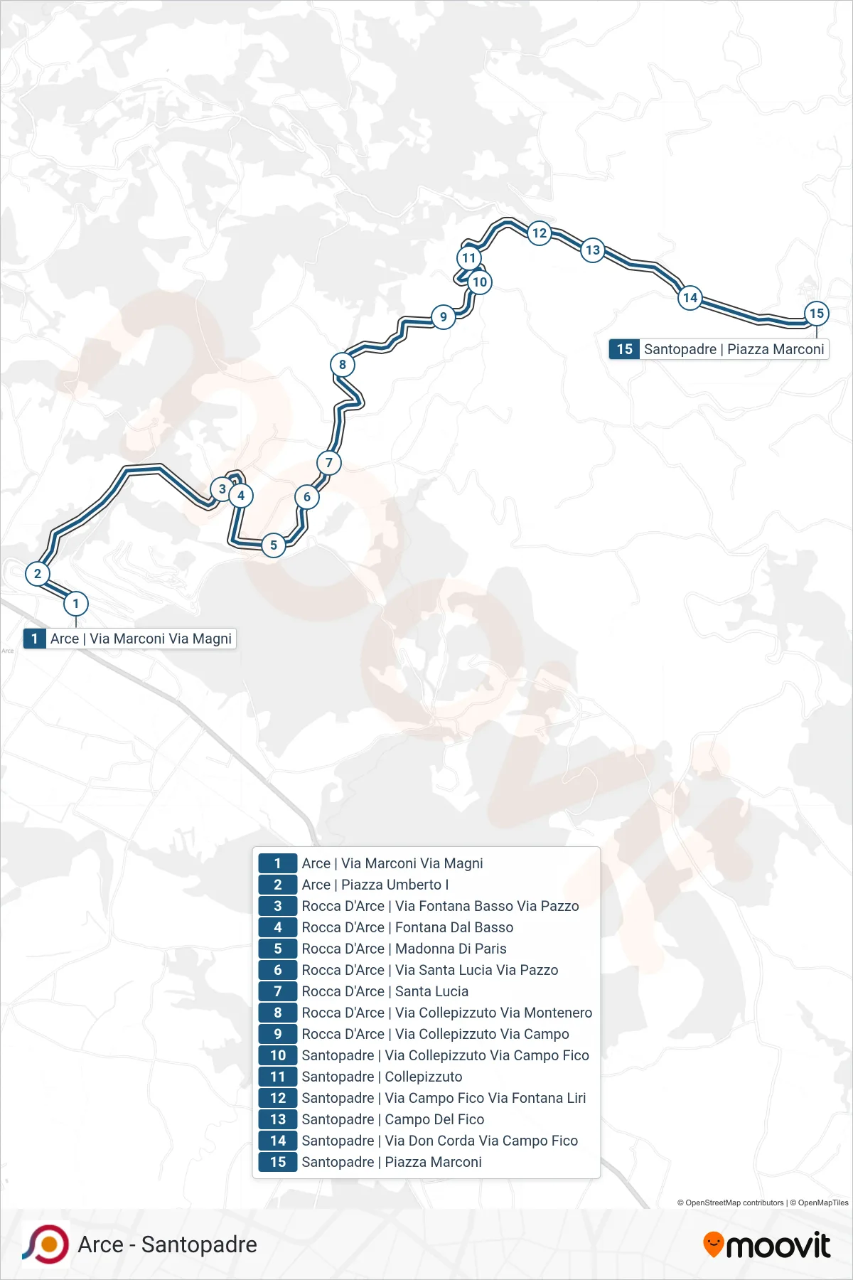Linea COTRAL bus (Arce | Via Marconi Via Magni→Santopadre | Piazza Marconi) - Percorsi e fermate sulla mappa