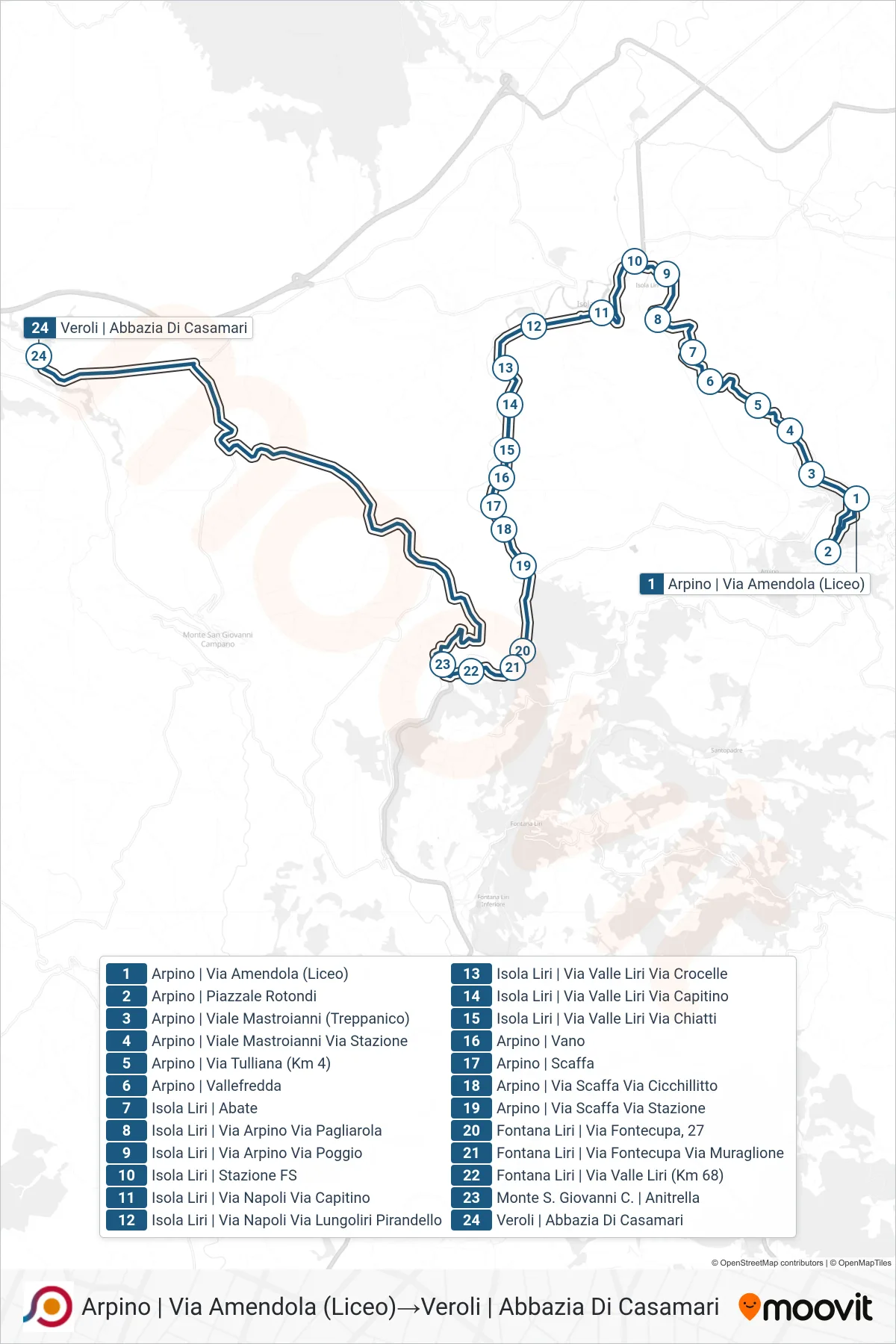 Linea COTRAL bus (Arpino | Via Amendola (Liceo)→Veroli | Abbazia Di Casamari) - Percorsi e fermate sulla mappa