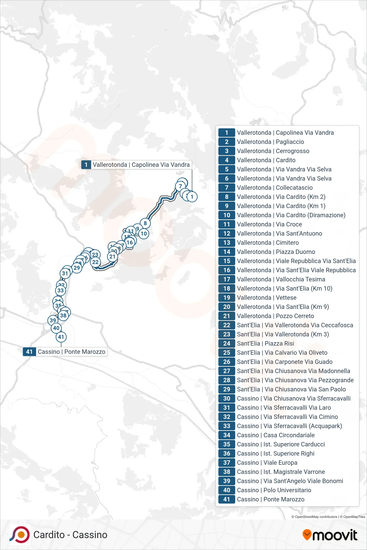 Linea COTRAL bus (Vallerotonda | Capolinea Via Vandra→Cassino | Ponte Marozzo) - Percorsi e fermate sulla mappa
