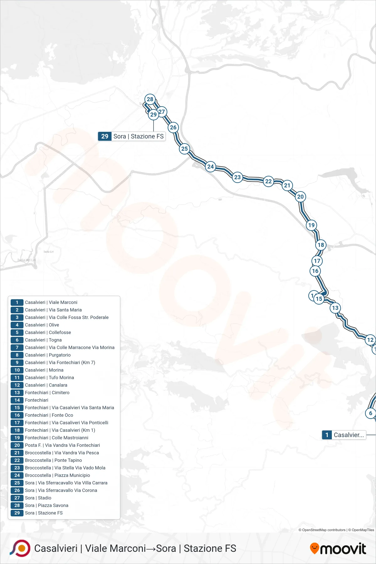 Linea COTRAL bus (Casalvieri | Viale Marconi→Sora | Stazione FS) - Percorsi e fermate sulla mappa