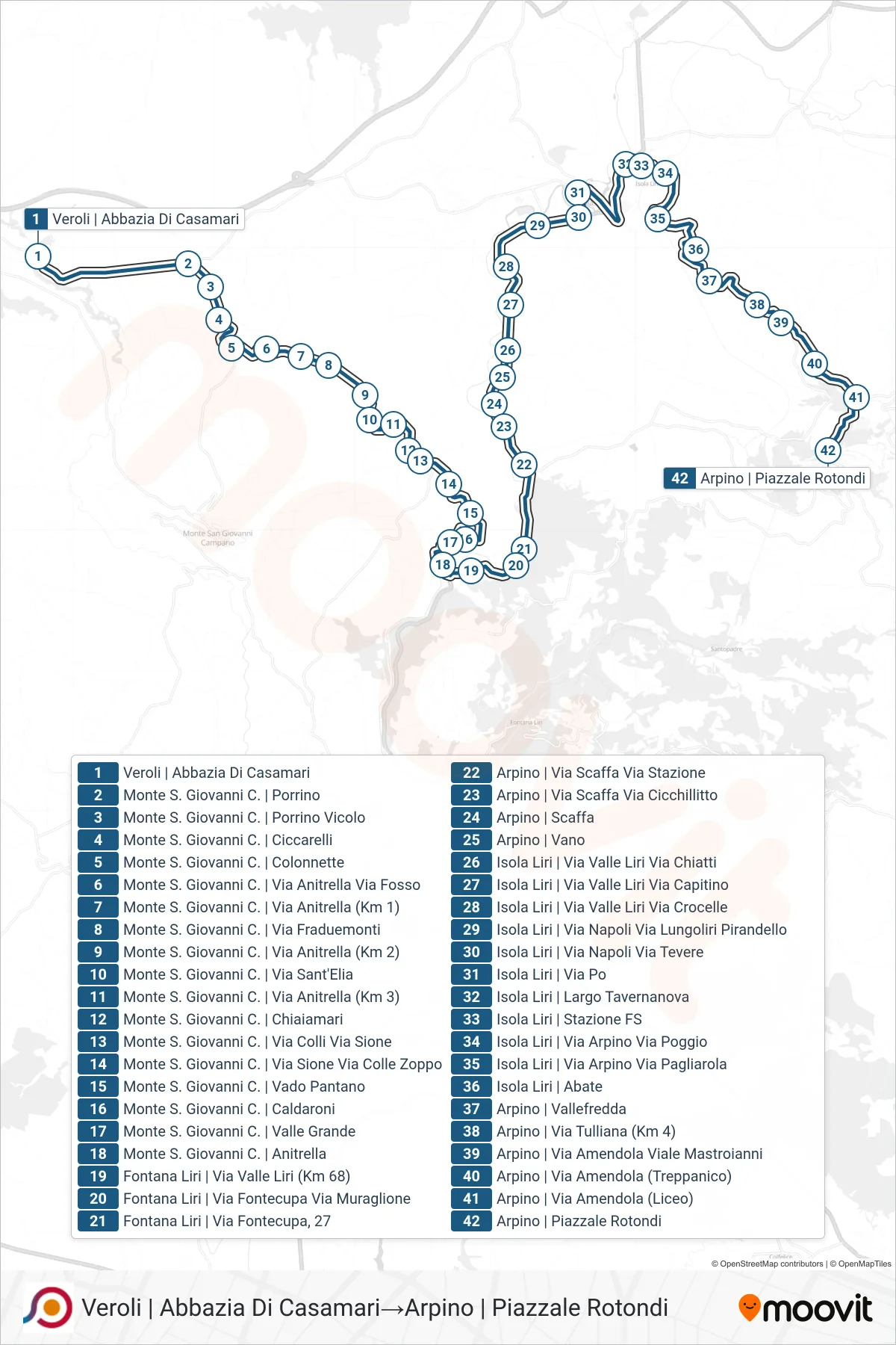 Linea COTRAL bus (Veroli | Abbazia Di Casamari→Arpino | Piazzale Rotondi) - Percorsi e fermate sulla mappa