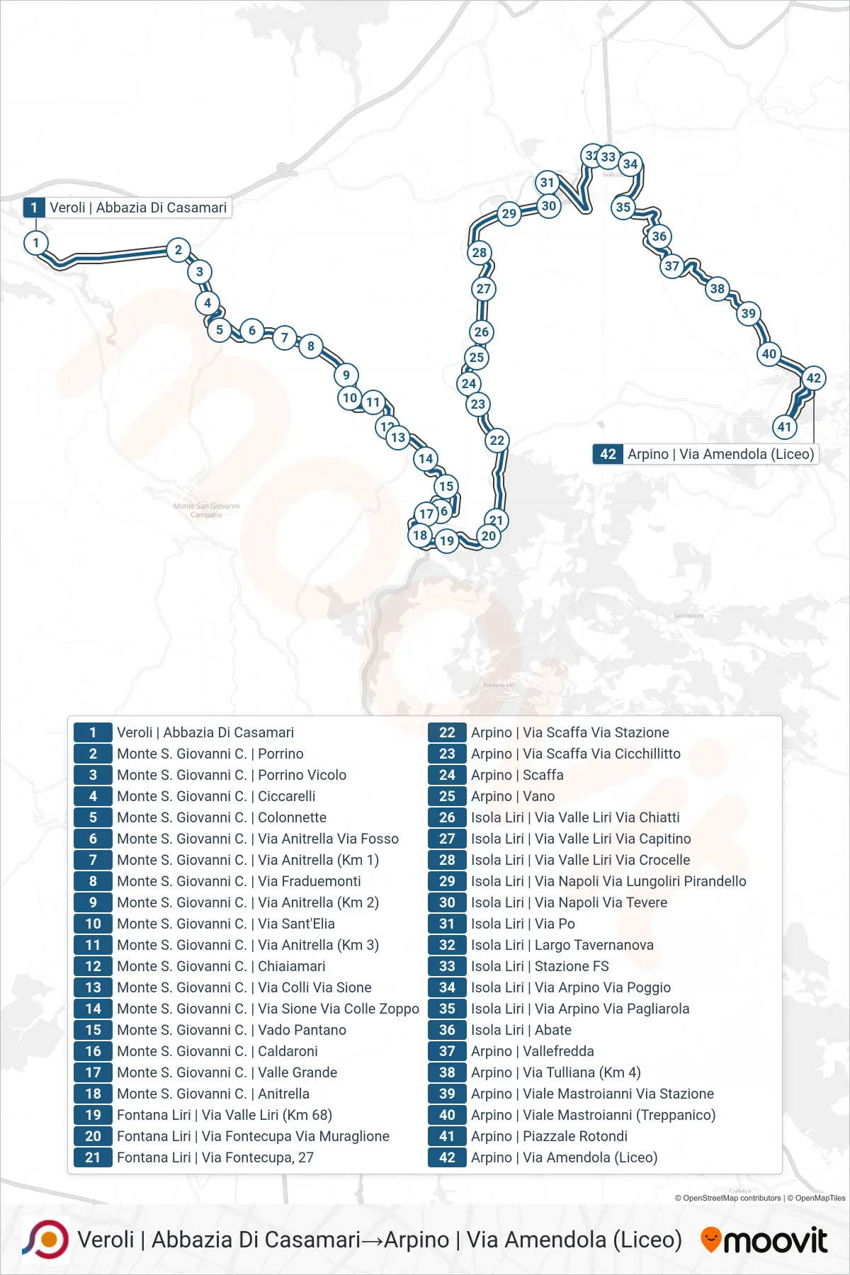 Linea COTRAL bus (Veroli | Abbazia Di Casamari→Arpino | Via Amendola (Liceo)) - Percorsi e fermate sulla mappa