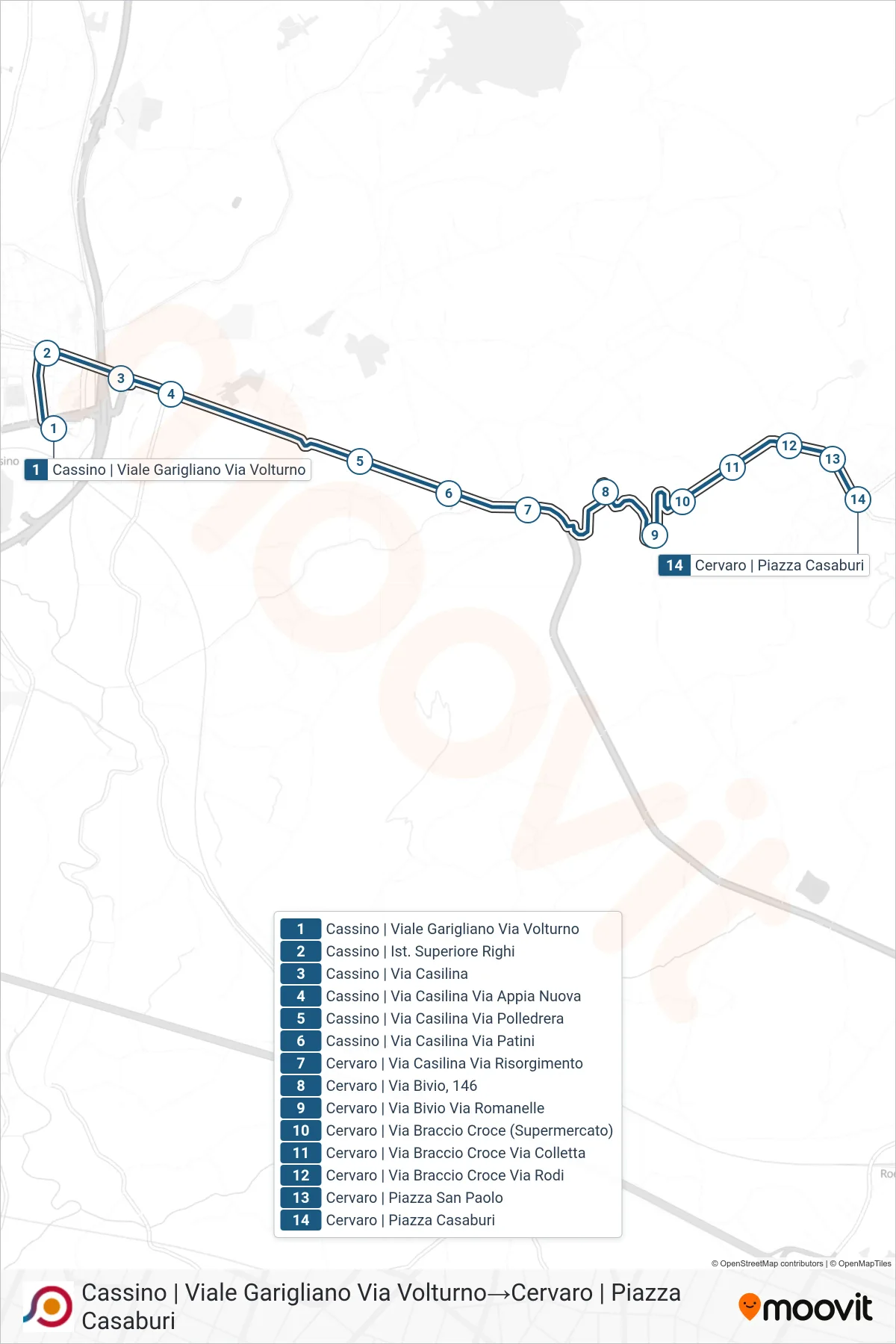 Linea COTRAL bus (Cassino | Viale Garigliano Via Volturno→Cervaro | Piazza Casaburi) - Percorsi e fermate sulla mappa