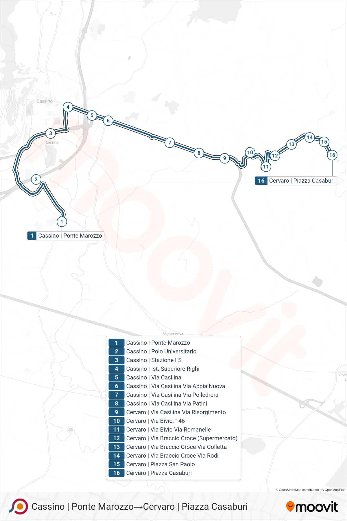 Linea COTRAL bus (Cassino | Ponte Marozzo→Cervaro | Piazza Casaburi) - Percorsi e fermate sulla mappa