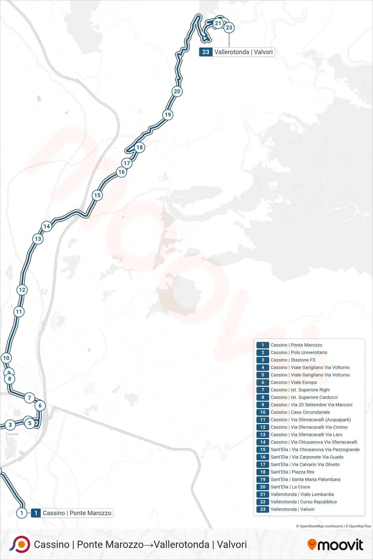 Linea COTRAL bus (Cassino | Ponte Marozzo→Vallerotonda | Valvori) - Percorsi e fermate sulla mappa