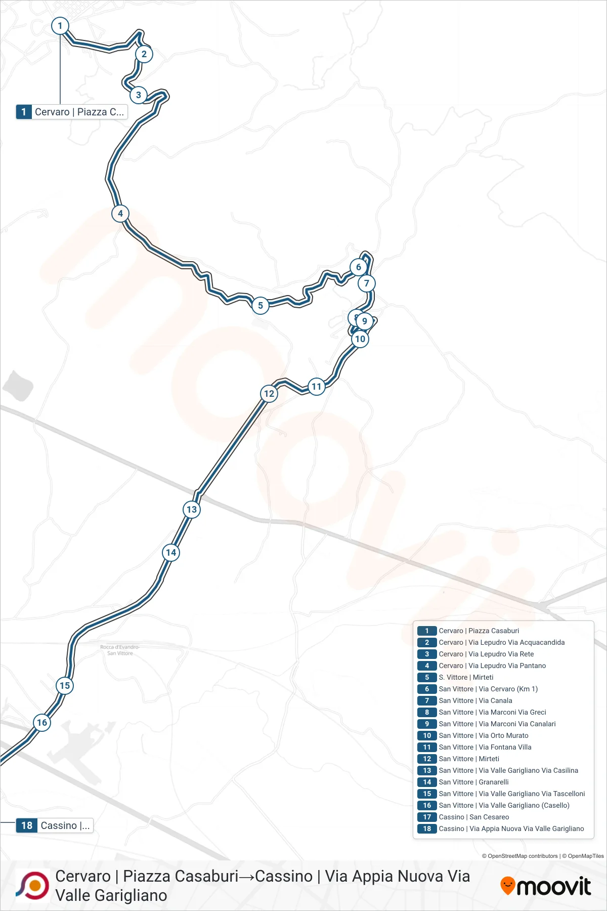 Linea COTRAL bus (Cervaro | Piazza Casaburi→Cassino | Via Appia Nuova Via Valle Garigliano) - Percorsi e fermate sulla mappa