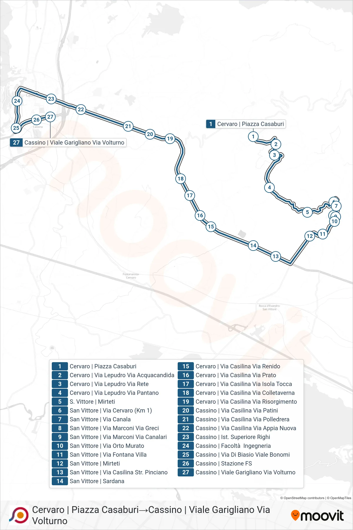 Linea COTRAL bus (Cervaro | Piazza Casaburi→Cassino | Viale Garigliano Via Volturno) - Percorsi e fermate sulla mappa