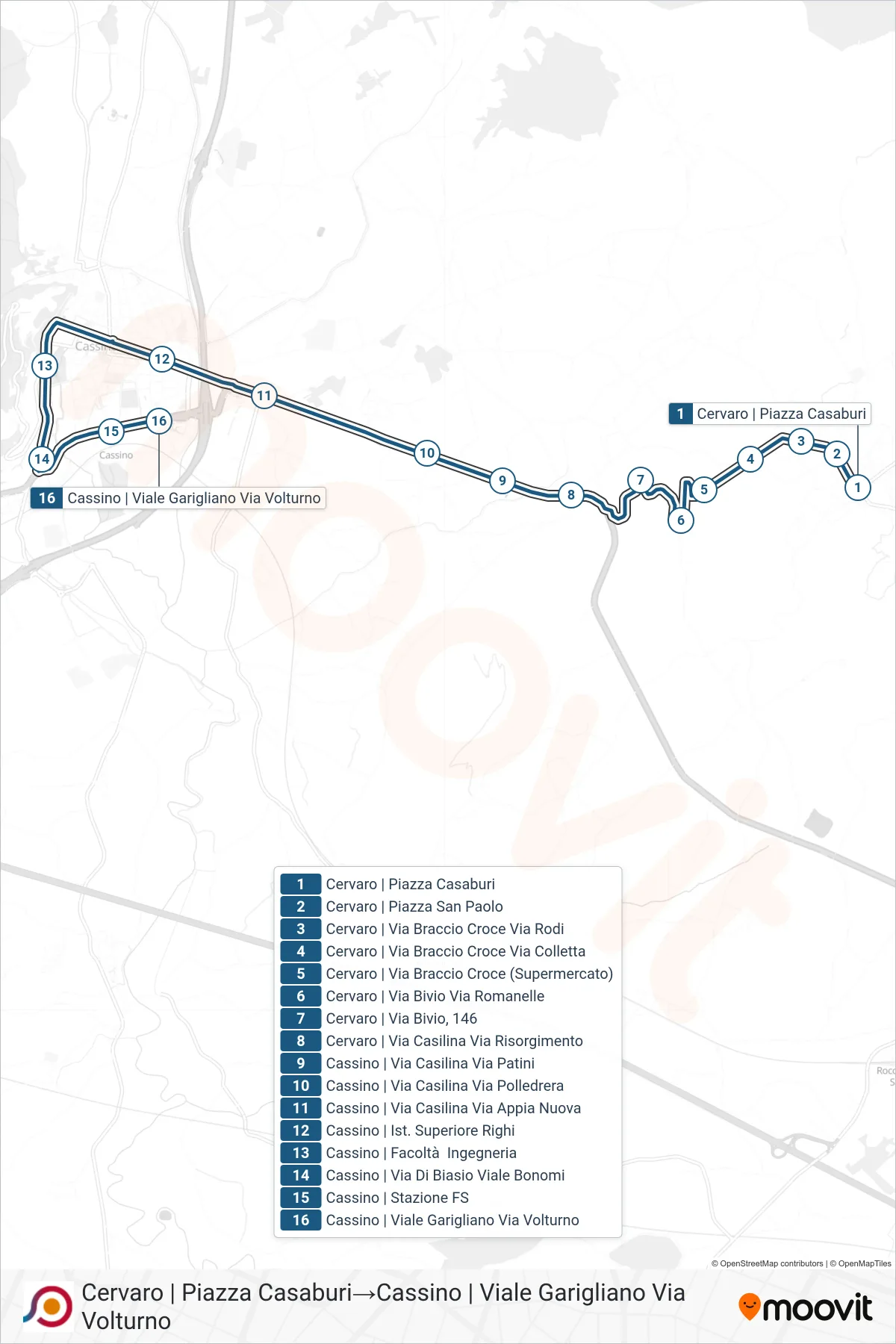 Linea COTRAL bus (Cervaro | Piazza Casaburi→Cassino | Viale Garigliano Via Volturno) - Percorsi e fermate sulla mappa