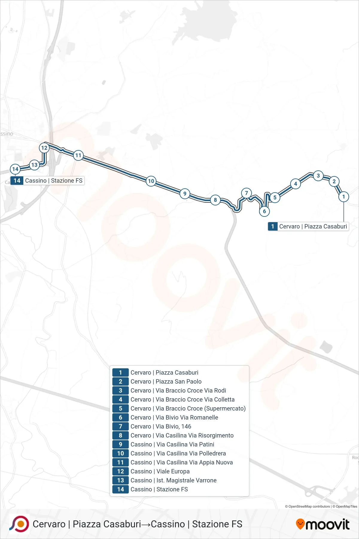 Linea COTRAL bus (Cervaro | Piazza Casaburi→Cassino | Stazione FS) - Percorsi e fermate sulla mappa