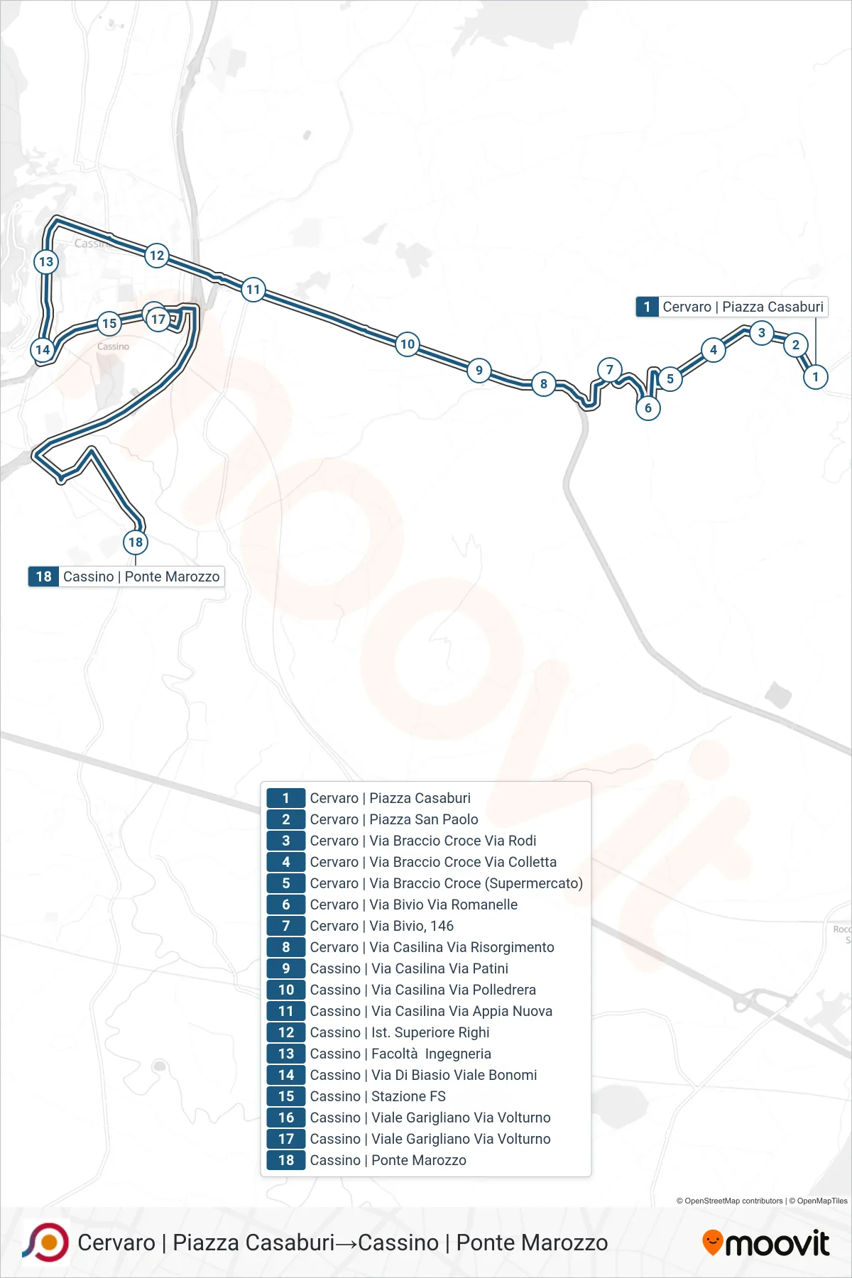 Linea COTRAL bus (Cervaro | Piazza Casaburi→Cassino | Ponte Marozzo) - Percorsi e fermate sulla mappa