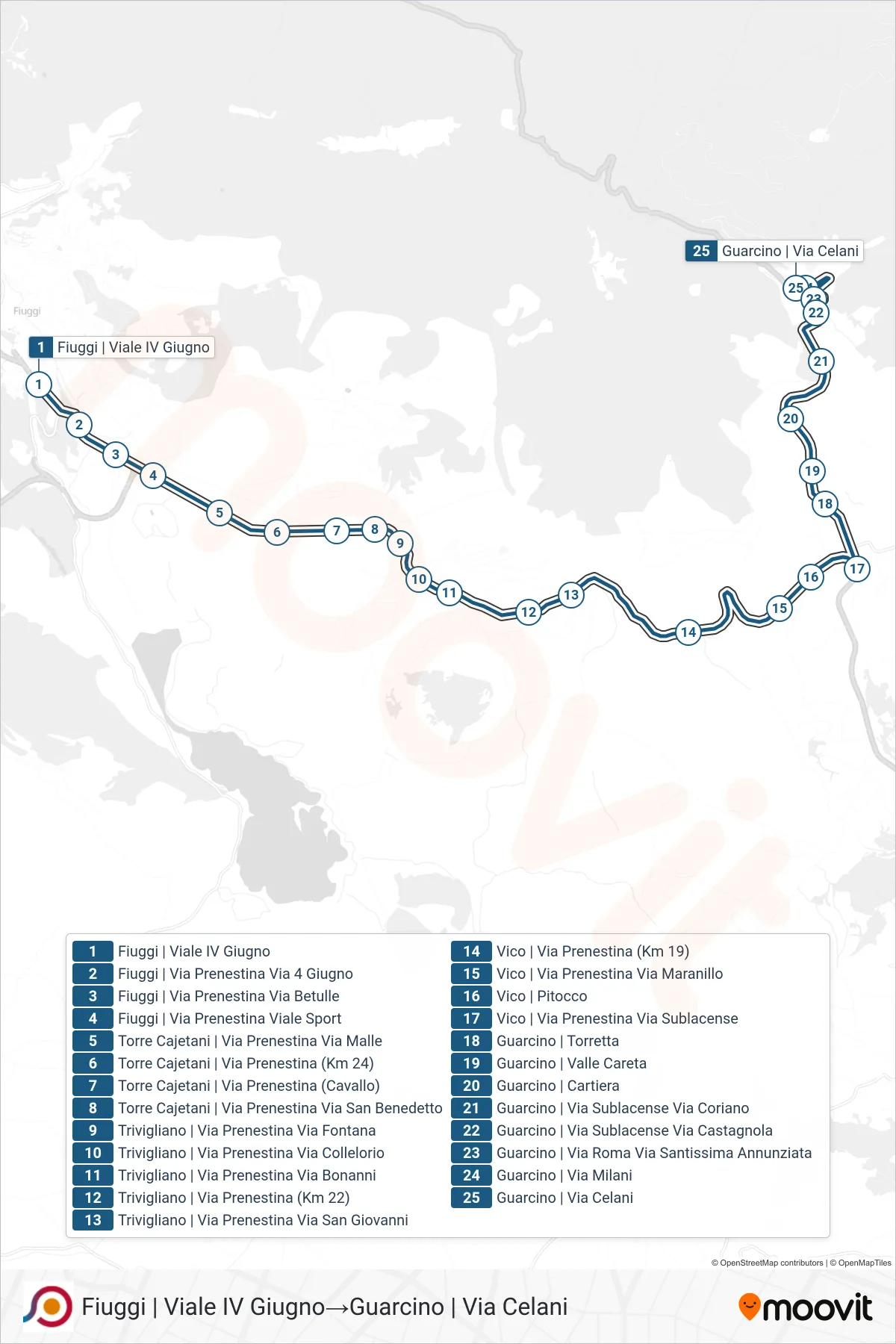 Linea COTRAL bus (Fiuggi | Viale IV Giugno→Guarcino | Via Celani) - Percorsi e fermate sulla mappa