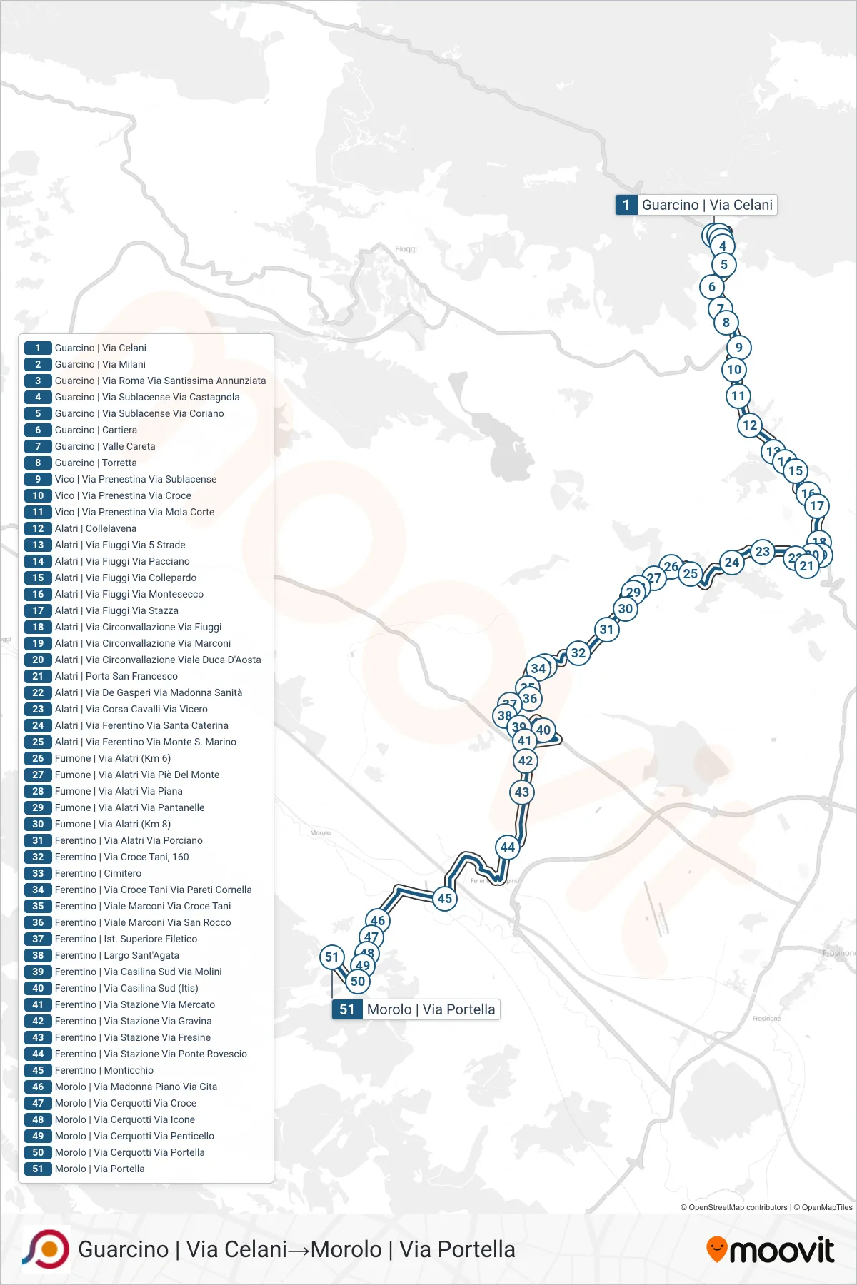 Linea COTRAL bus (Guarcino | Via Celani→Morolo | Via Portella) - Percorsi e fermate sulla mappa