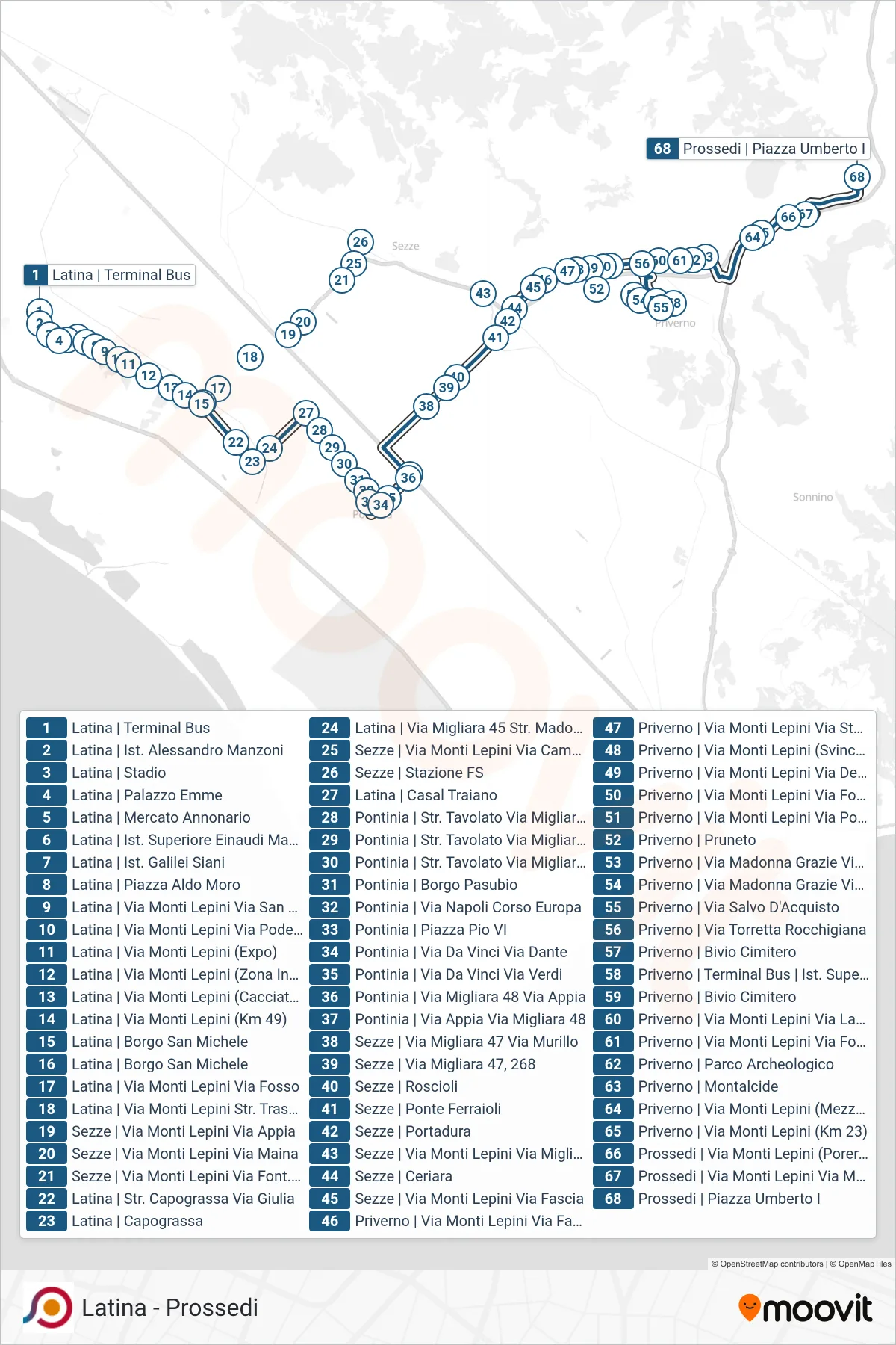 Linea COTRAL bus (Latina | Terminal Bus→Prossedi | Piazza Umberto I) - Percorsi e fermate sulla mappa