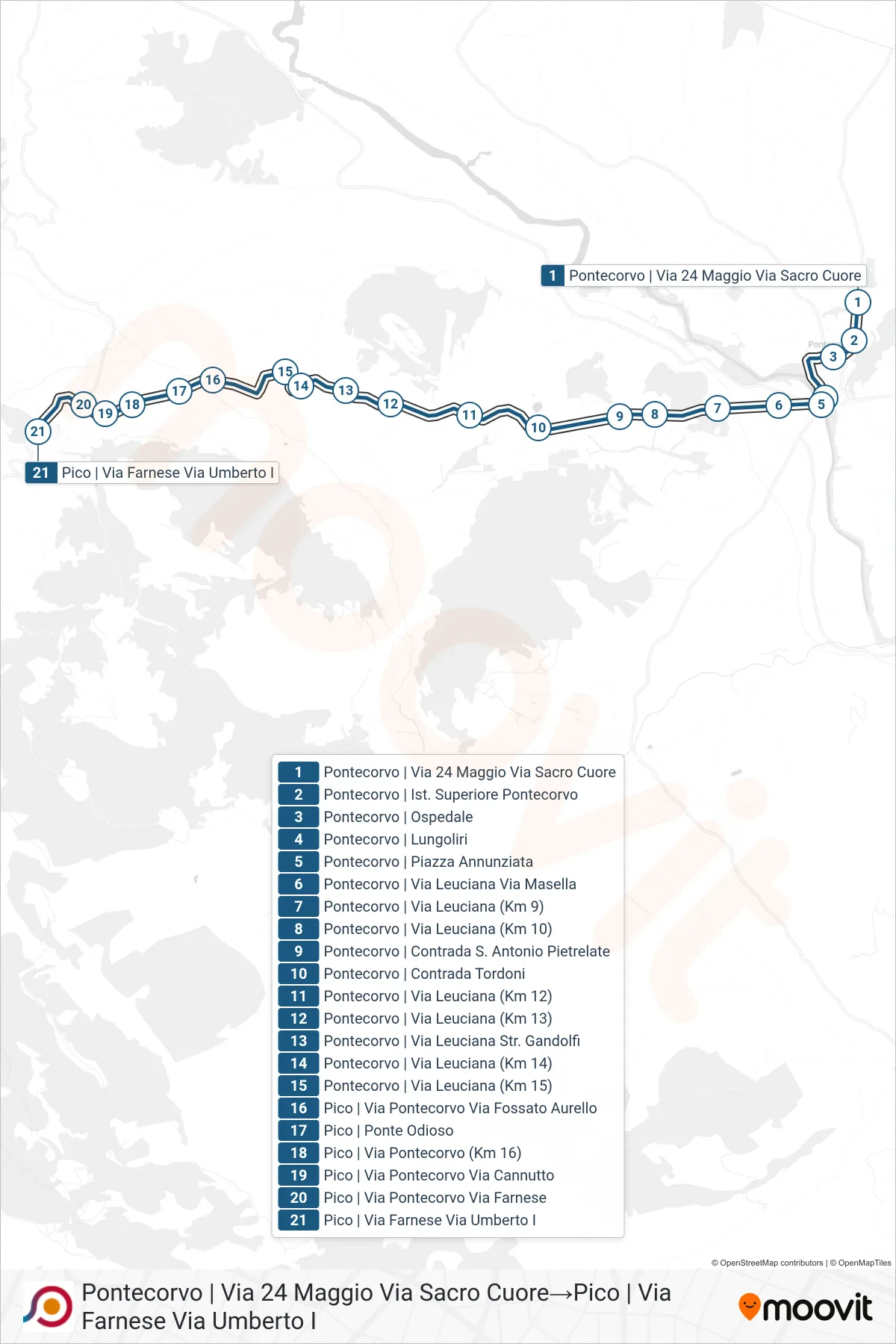 Linea COTRAL bus (Pontecorvo | Via 24 Maggio Via Sacro Cuore→Pico | Via Farnese Via Umberto I) - Percorsi e fermate sulla mappa