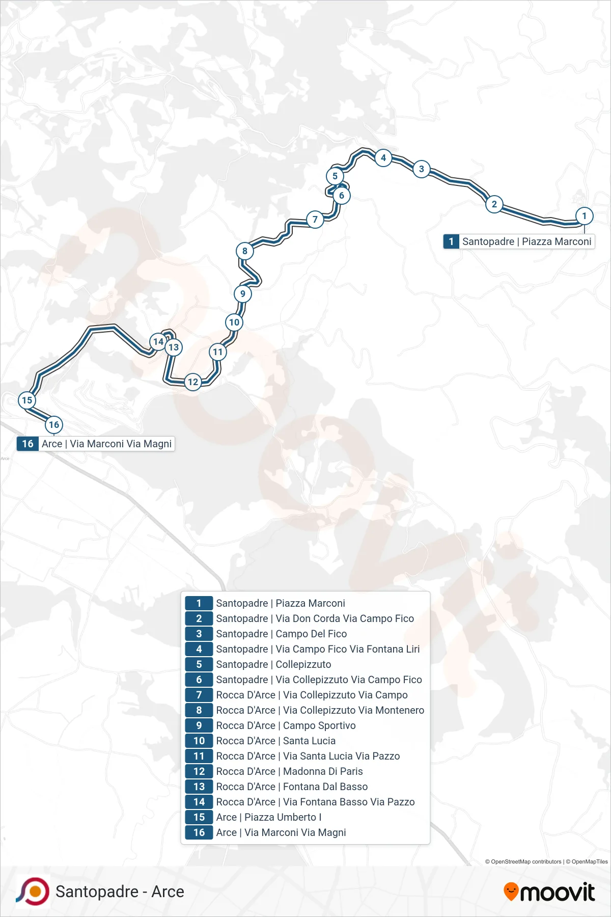 Linea COTRAL bus (Santopadre | Piazza Marconi→Arce | Via Marconi Via Magni) - Percorsi e fermate sulla mappa