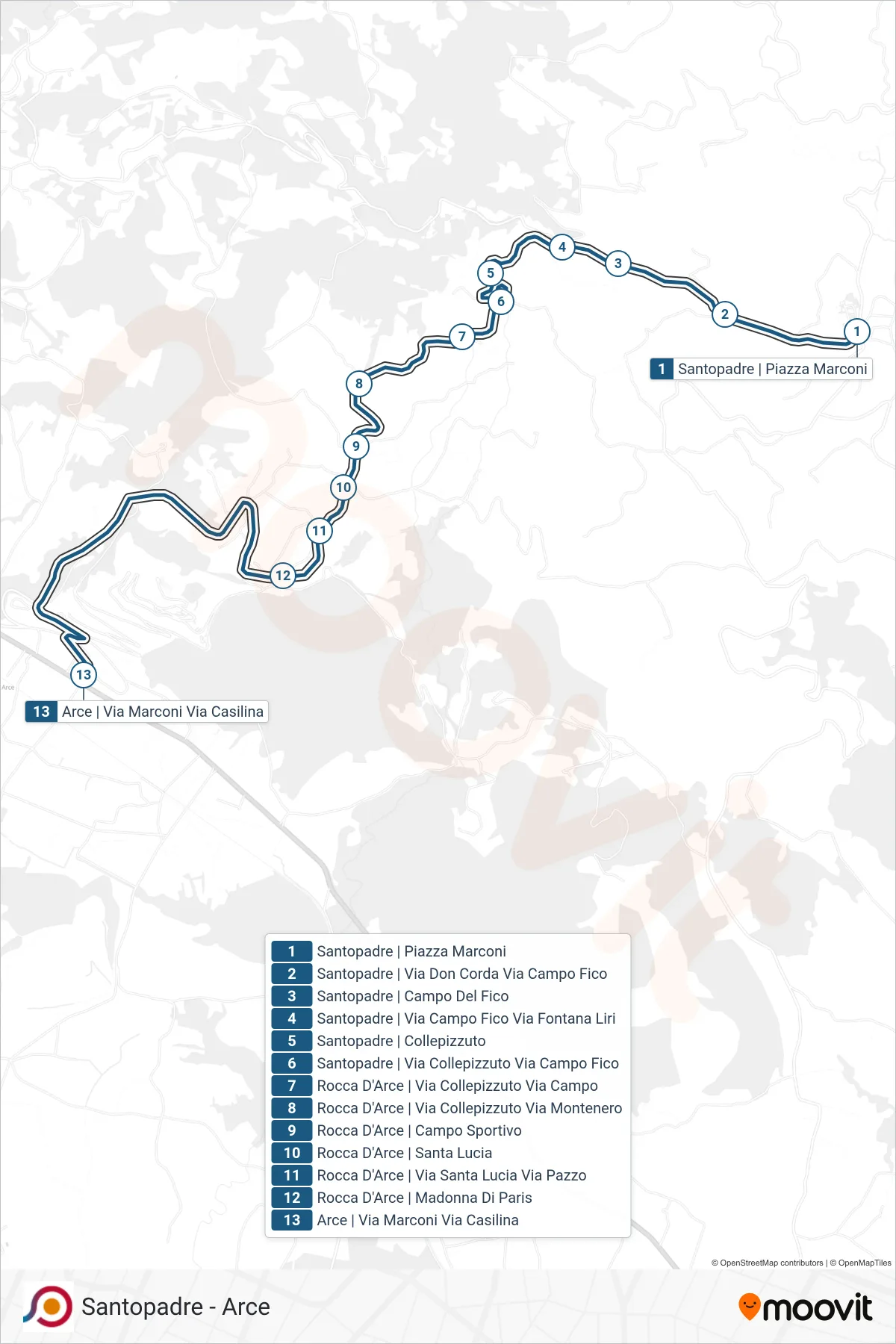 Linea COTRAL bus (Santopadre | Piazza Marconi→Arce | Via Marconi Via Casilina) - Percorsi e fermate sulla mappa