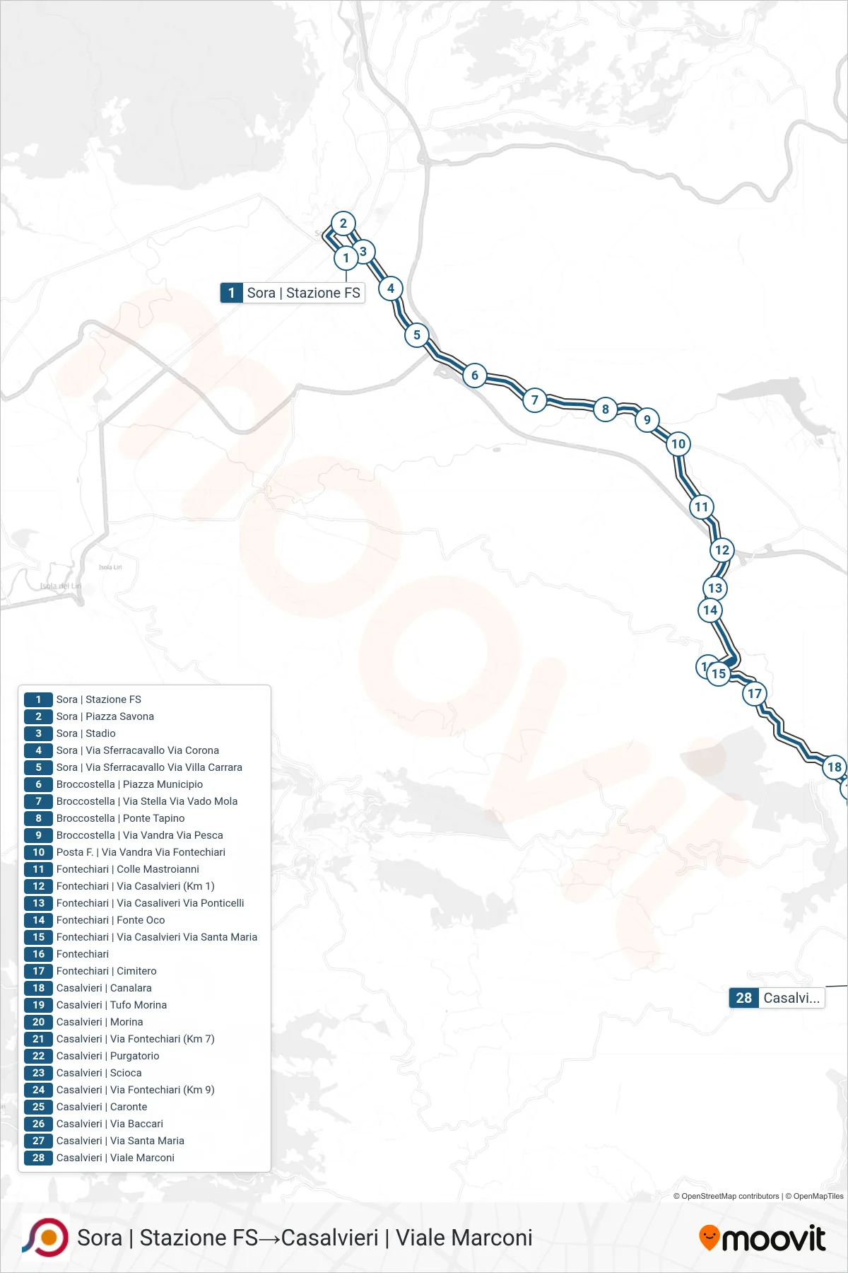 Linea COTRAL bus (Sora | Stazione FS→Casalvieri | Viale Marconi) - Percorsi e fermate sulla mappa