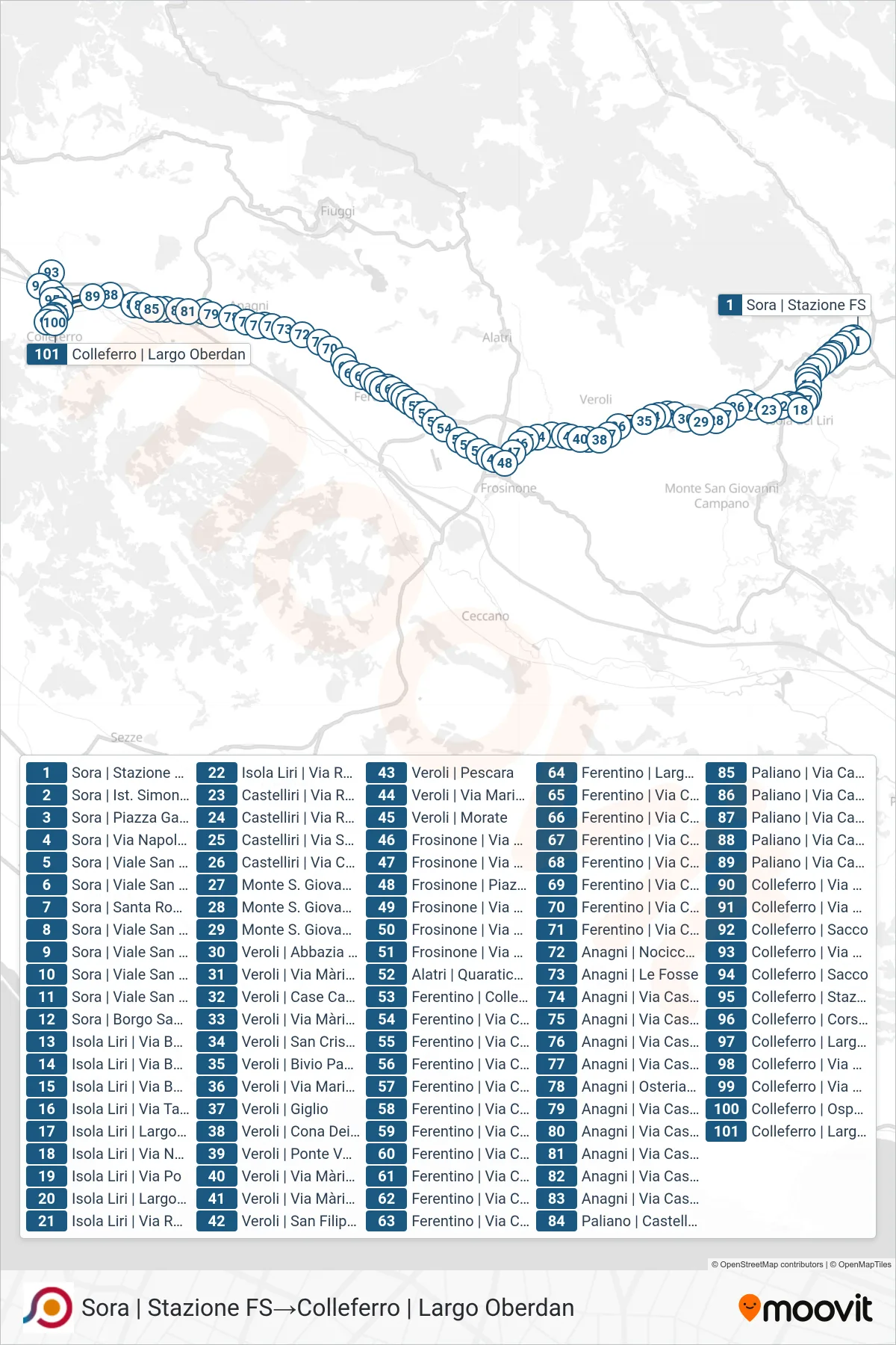 Linea COTRAL bus (Sora | Stazione FS→Colleferro | Largo Oberdan) - Percorsi e fermate sulla mappa