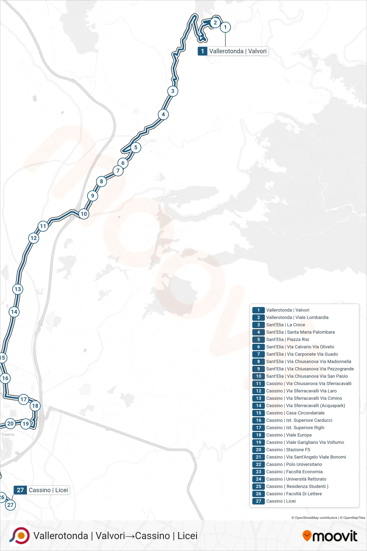 Linea COTRAL bus (Vallerotonda | Valvori→Cassino | Licei) - Percorsi e fermate sulla mappa