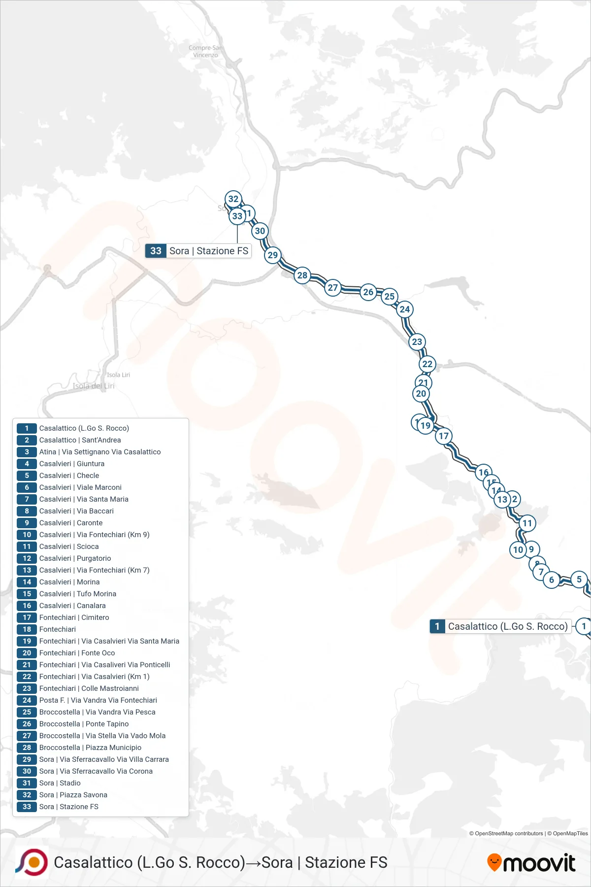 Linea COTRAL bus (Casalattico (L.Go S. Rocco)→Sora | Stazione FS) - Percorsi e fermate sulla mappa