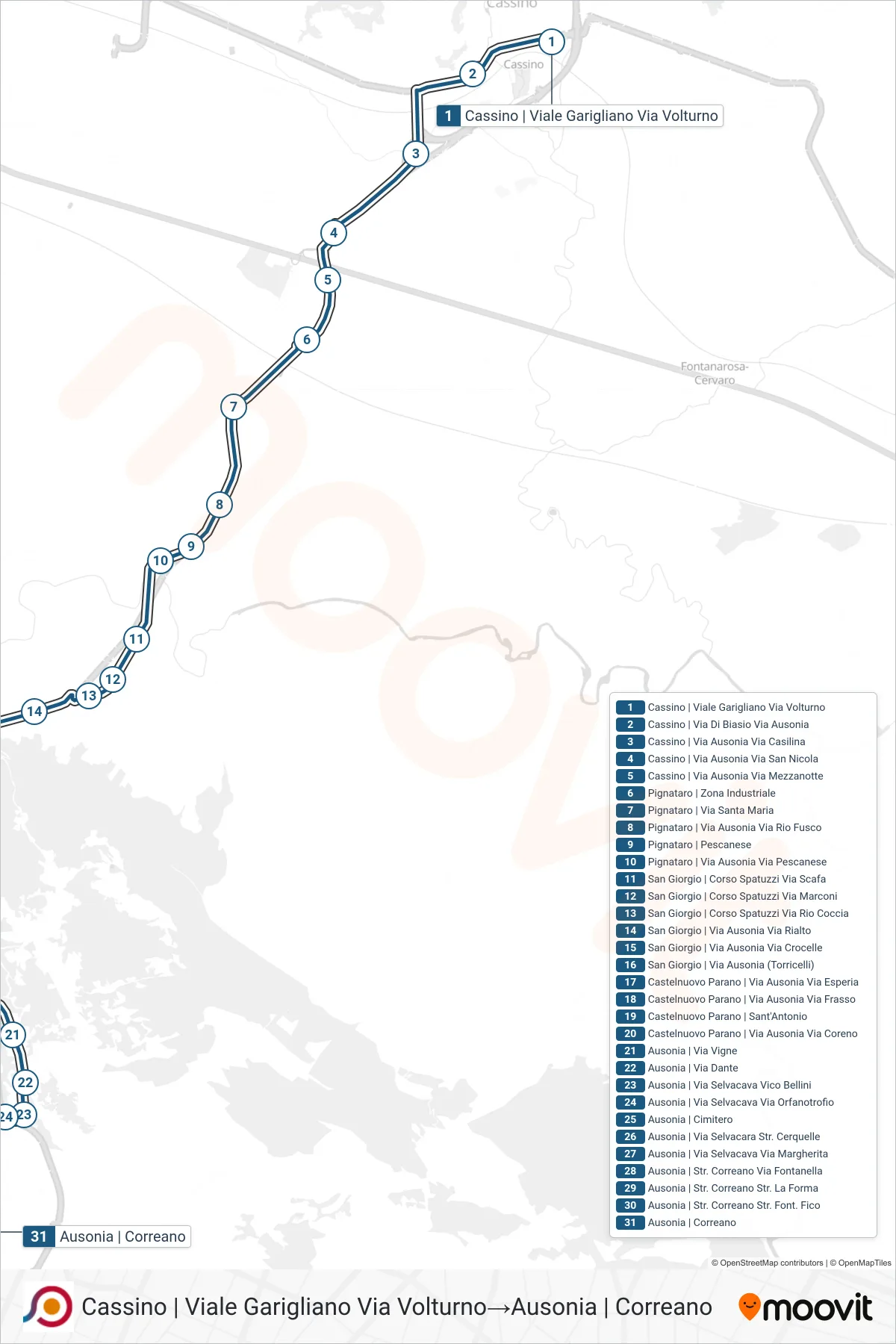 Linea COTRAL bus (Cassino | Viale Garigliano Via Volturno→Ausonia | Correano) - Percorsi e fermate sulla mappa