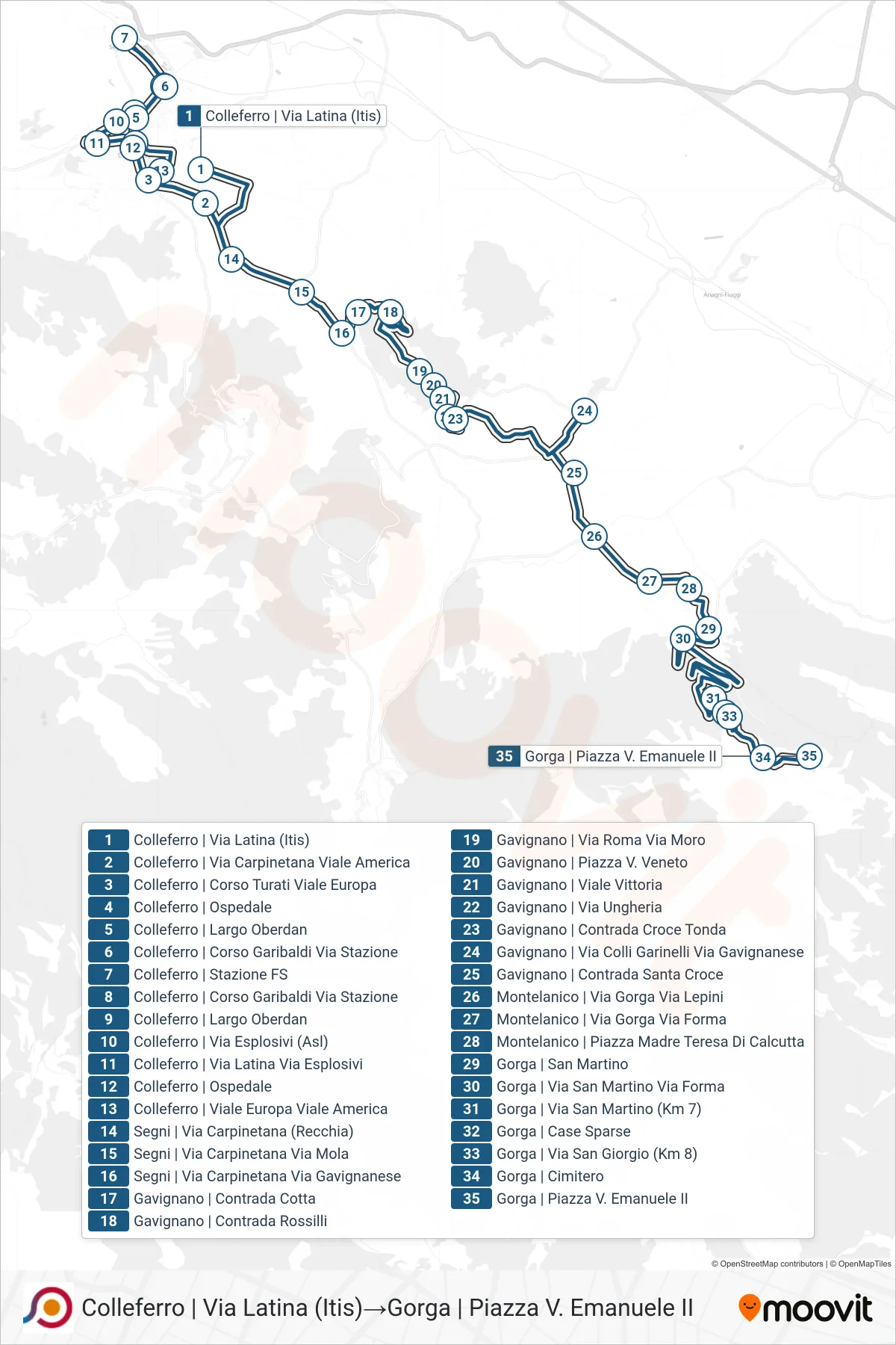 Linea COTRAL bus (Colleferro | Via Latina (Itis)→Gorga | Piazza V. Emanuele II) - Percorsi e fermate sulla mappa
