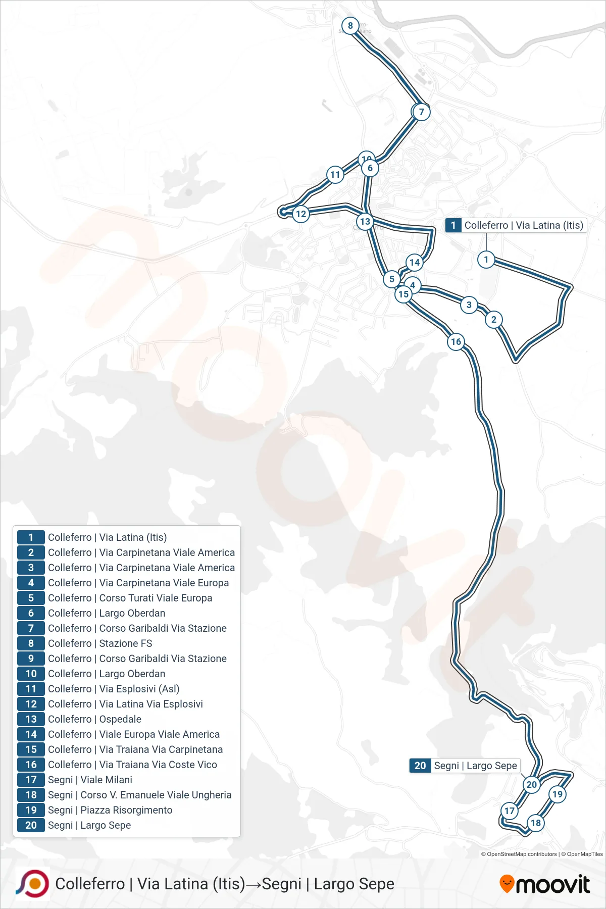 Linea COTRAL bus (Colleferro | Via Latina (Itis)→Segni | Largo Sepe) - Percorsi e fermate sulla mappa