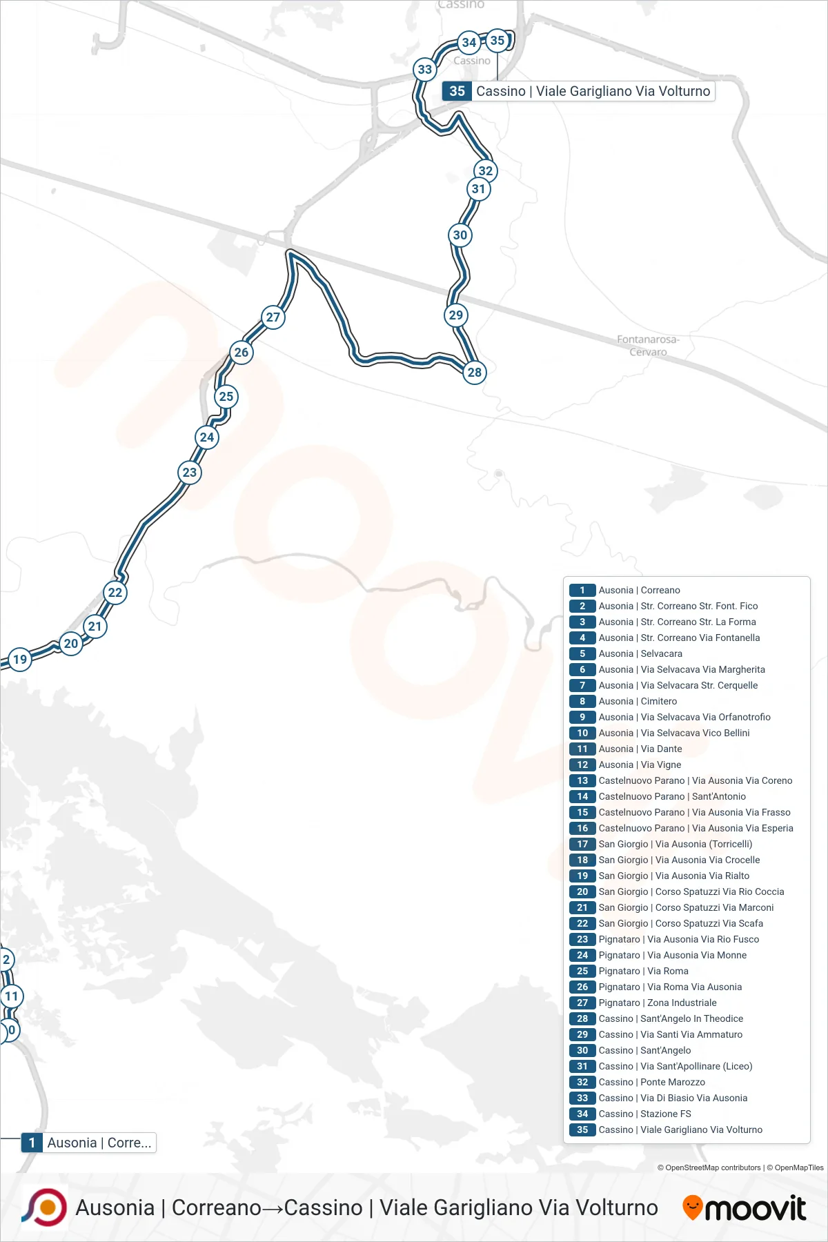 Linea COTRAL bus (Ausonia | Correano→Cassino | Viale Garigliano Via Volturno) - Percorsi e fermate sulla mappa