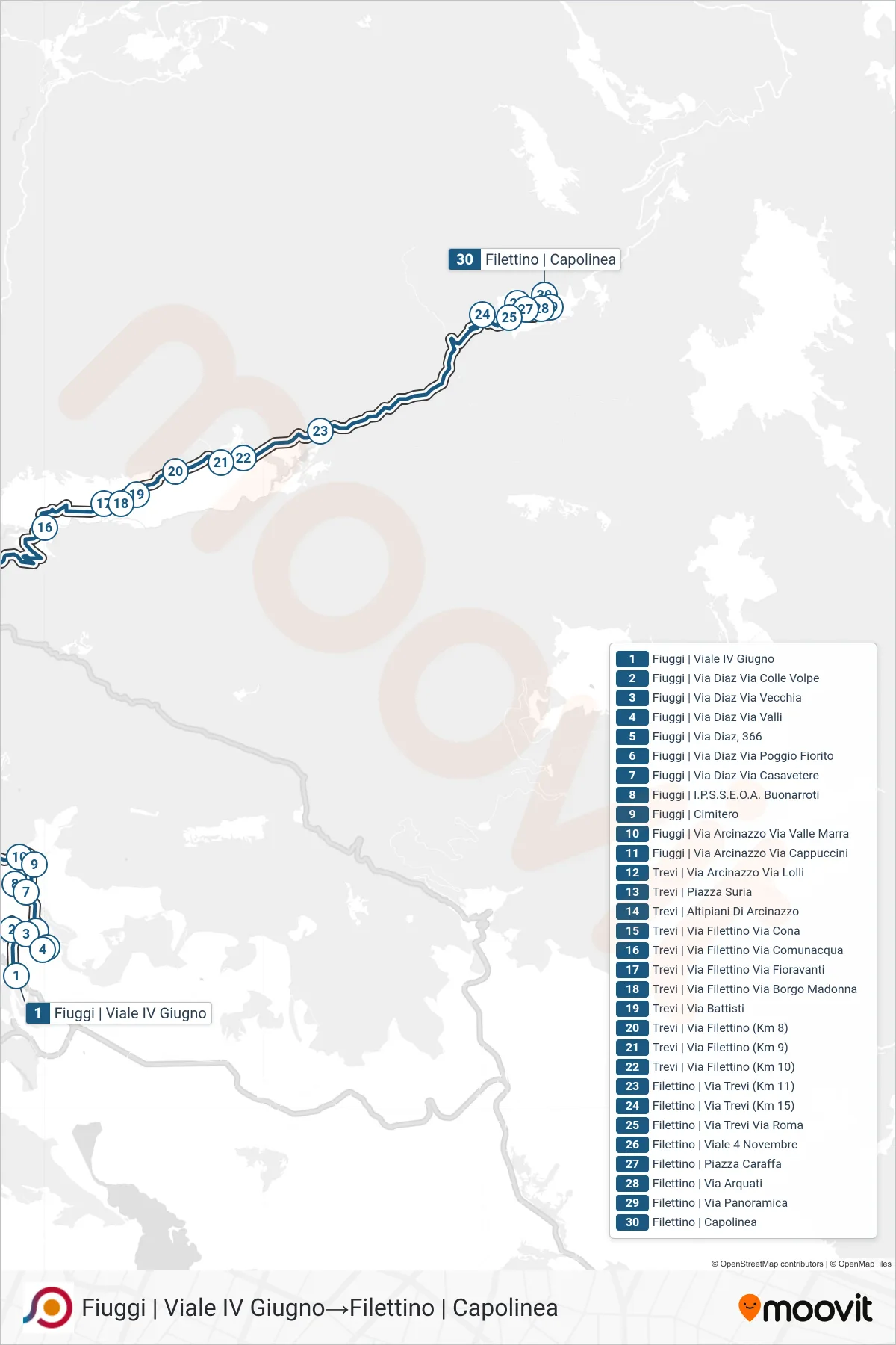 Linea COTRAL bus (Fiuggi | Viale IV Giugno→Filettino | Capolinea) - Percorsi e fermate sulla mappa