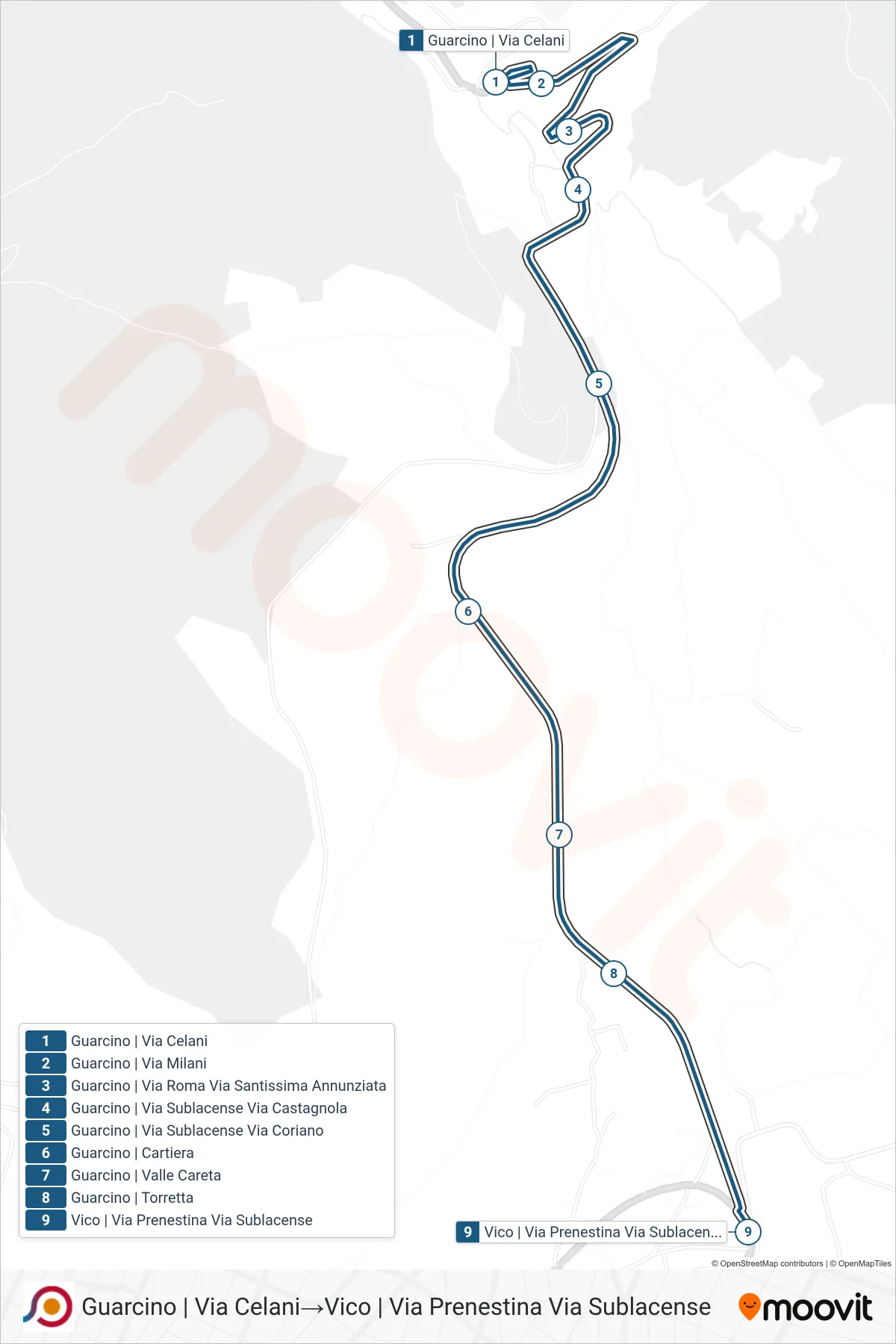 Linea COTRAL bus (Guarcino | Via Celani→Vico | Via Prenestina Via Sublacense) - Percorsi e fermate sulla mappa