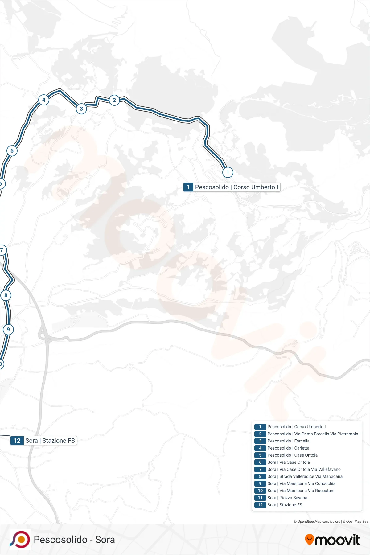 Linea COTRAL bus (Pescosolido | Corso Umberto I→Sora | Stazione FS) - Percorsi e fermate sulla mappa