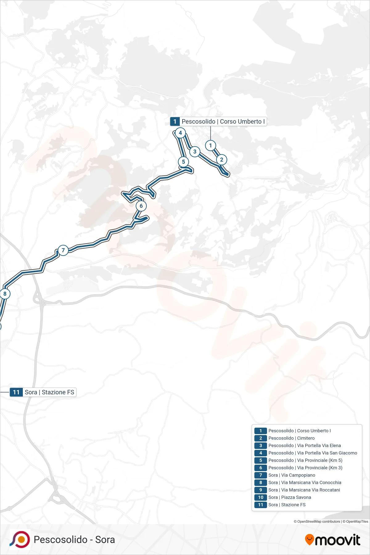 Linea COTRAL bus (Pescosolido | Corso Umberto I→Sora | Stazione FS) - Percorsi e fermate sulla mappa