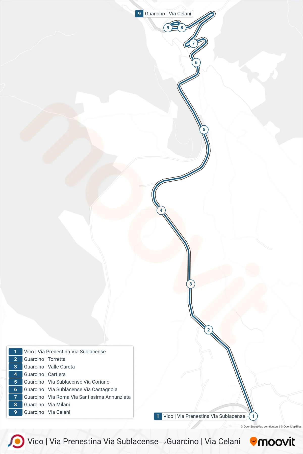 Linea COTRAL bus (Vico | Via Prenestina Via Sublacense→Guarcino | Via Celani) - Percorsi e fermate sulla mappa