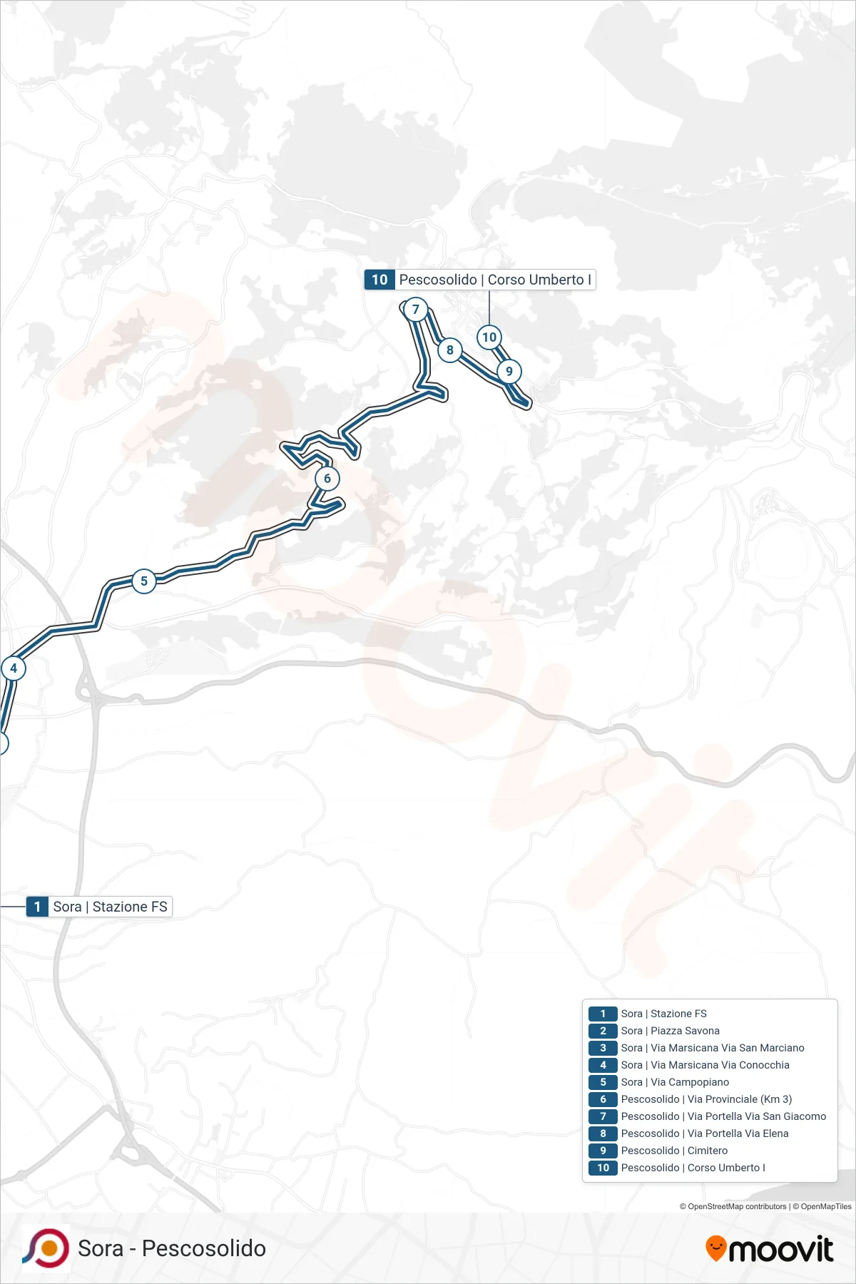 Linea COTRAL bus (Sora | Stazione FS→Pescosolido | Corso Umberto I) - Percorsi e fermate sulla mappa