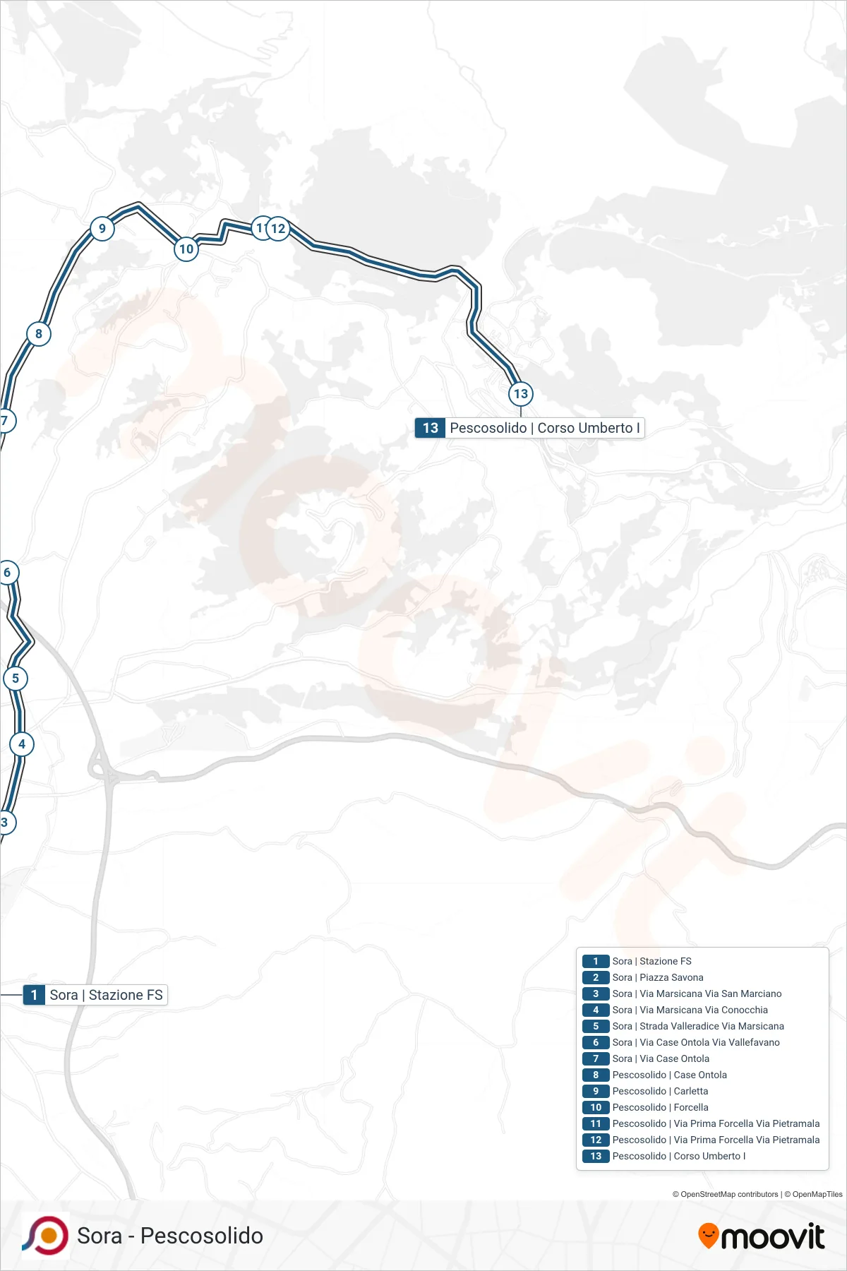 Linea COTRAL bus (Sora | Stazione FS→Pescosolido | Corso Umberto I) - Percorsi e fermate sulla mappa