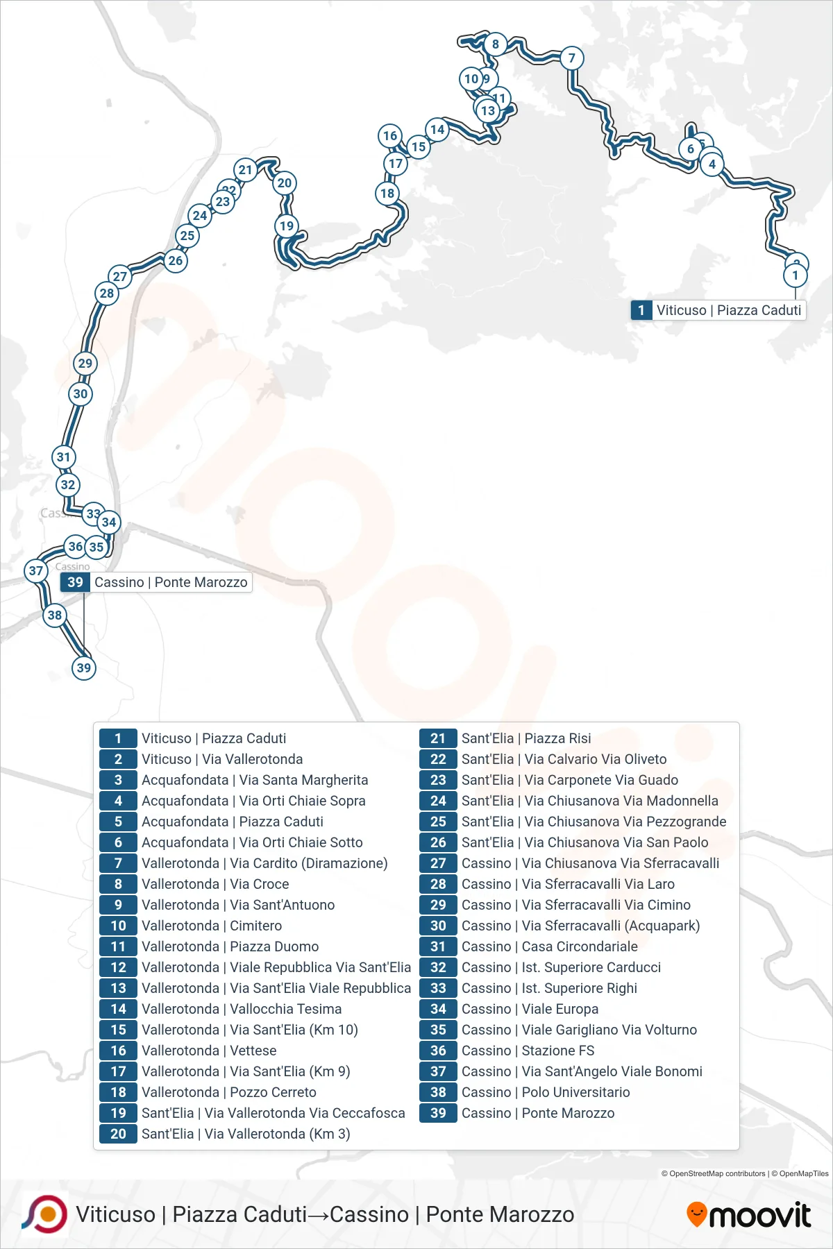 Linea COTRAL bus (Viticuso | Piazza Caduti→Cassino | Ponte Marozzo) - Percorsi e fermate sulla mappa