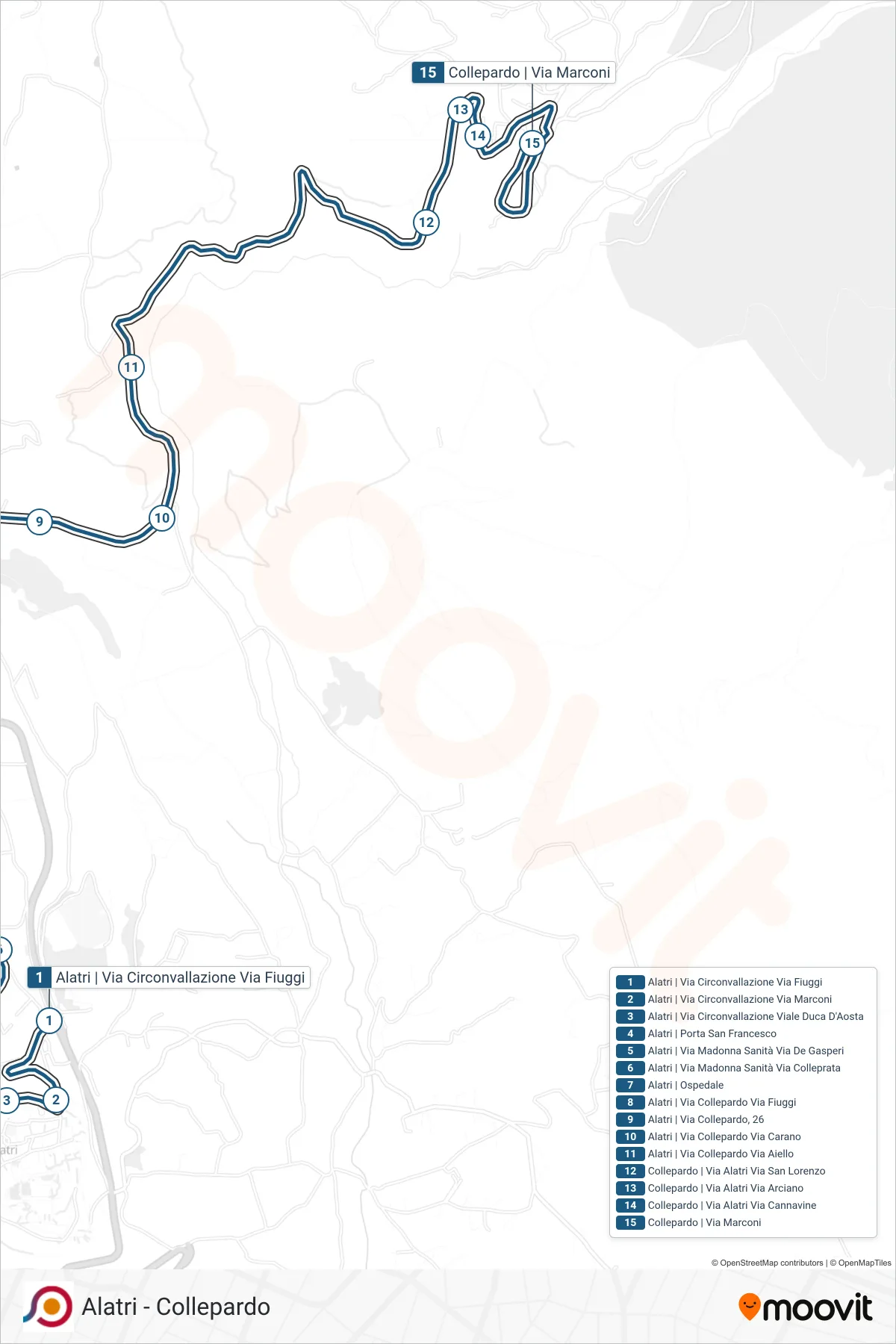 Linea COTRAL bus (Alatri | Via Circonvallazione Via Fiuggi→Collepardo | Via Marconi) - Percorsi e fermate sulla mappa